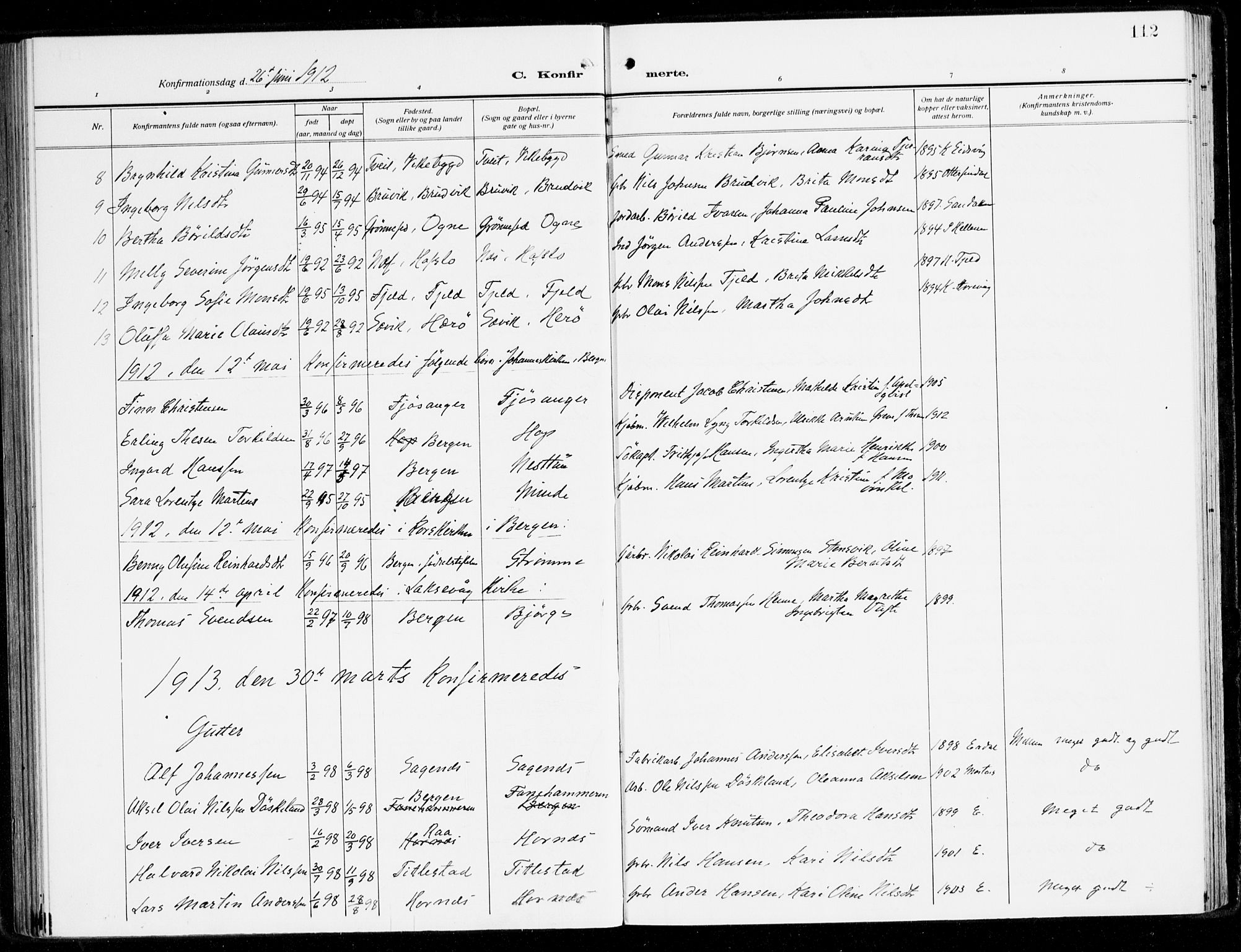 Fana Sokneprestembete, AV/SAB-A-75101/H/Haa/Haai/L0004: Parish register (official) no. I 4, 1912-1933, p. 112