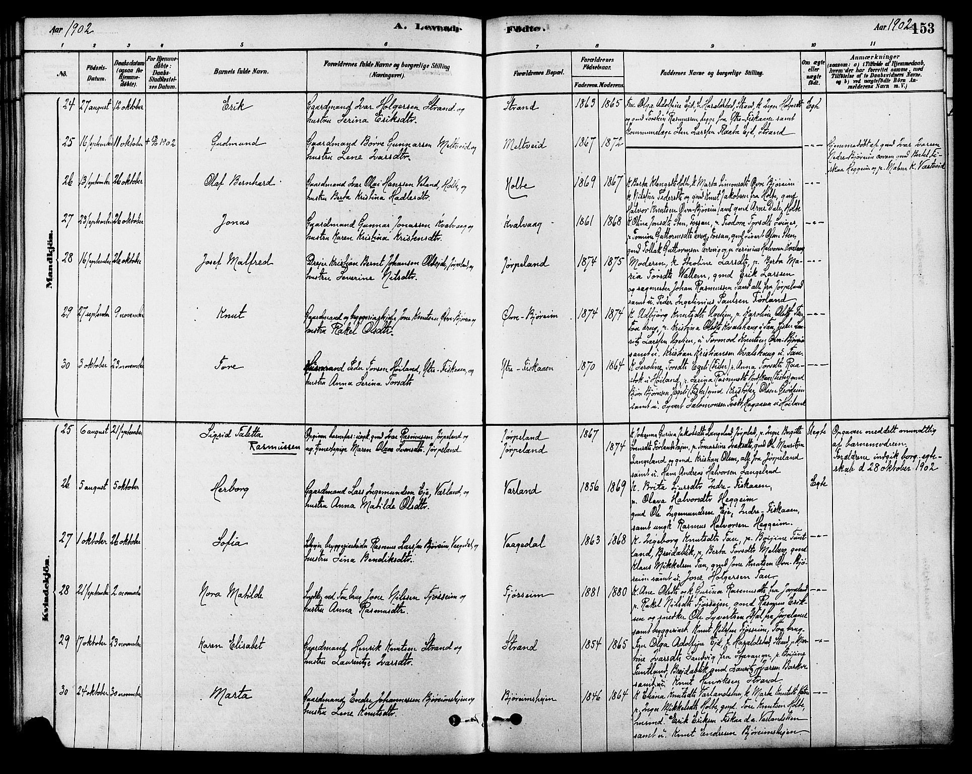 Strand sokneprestkontor, AV/SAST-A-101828/H/Ha/Haa/L0009: Parish register (official) no. A 9, 1877-1908, p. 153