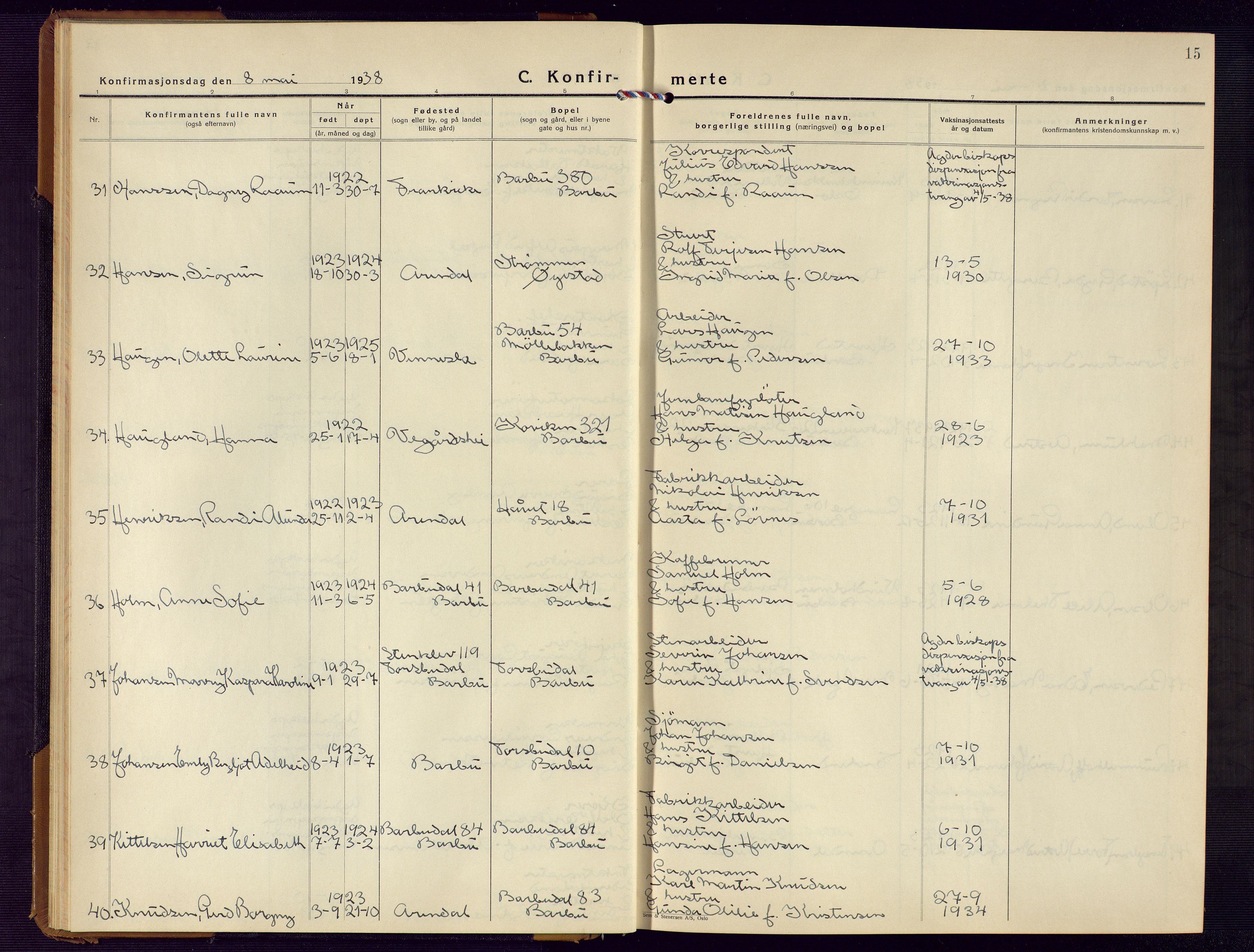 Barbu sokneprestkontor, AV/SAK-1111-0003/F/Fb/L0006: Parish register (copy) no. B 6, 1937-1947, p. 15