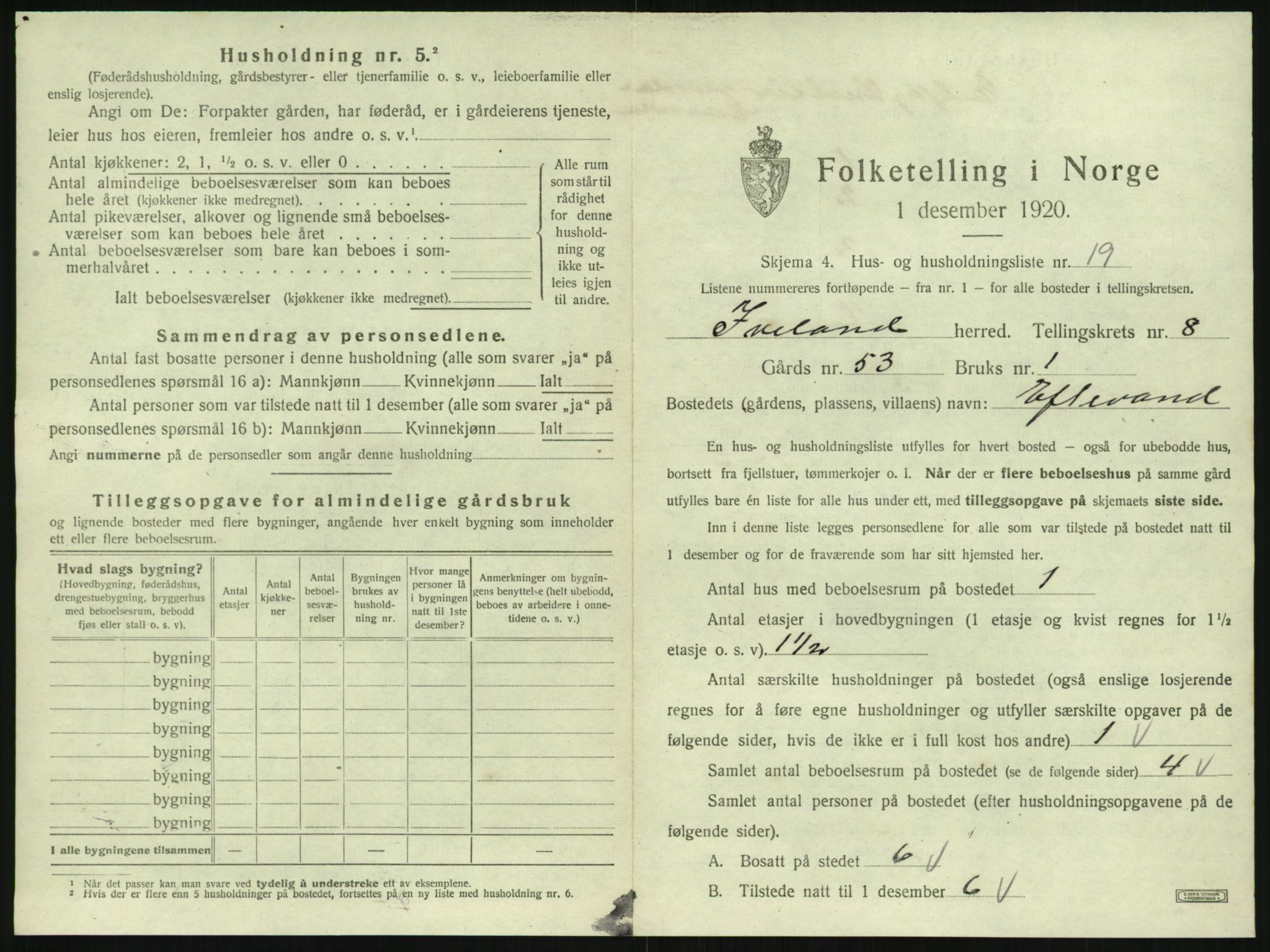 SAK, 1920 census for Iveland, 1920, p. 409