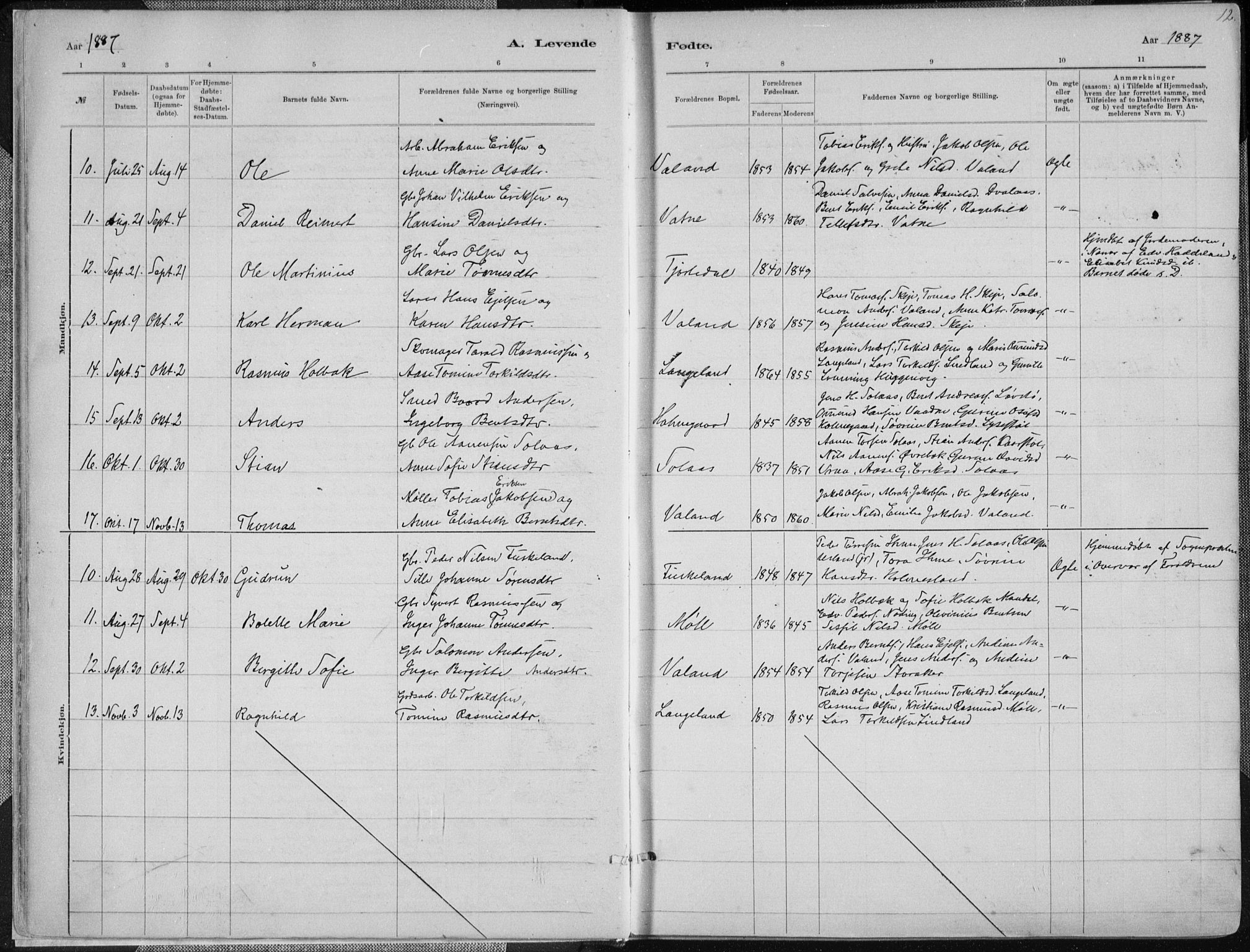 Holum sokneprestkontor, AV/SAK-1111-0022/F/Fa/Faa/L0007: Parish register (official) no. A 7, 1884-1907, p. 12