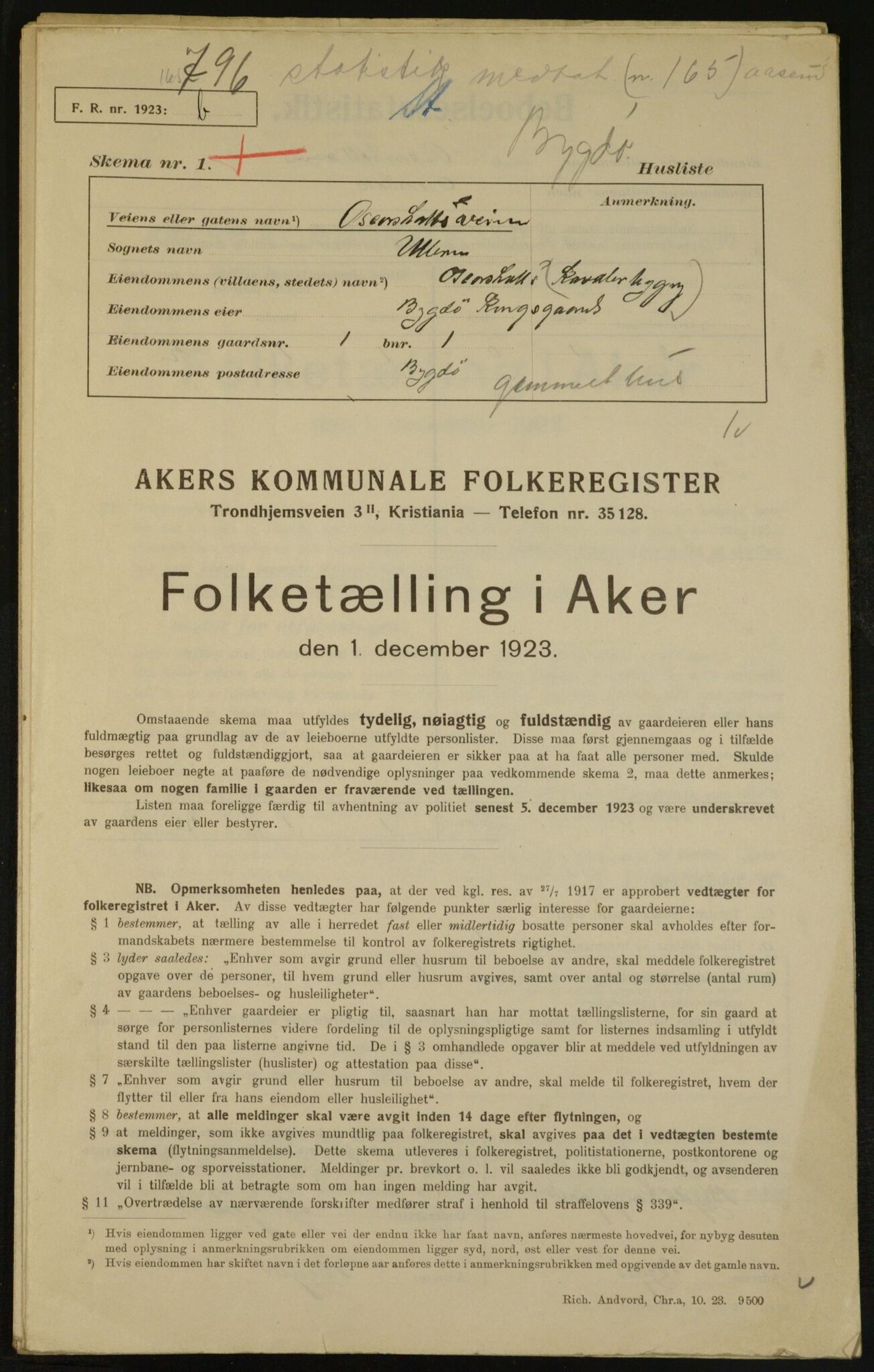 , Municipal Census 1923 for Aker, 1923, p. 4852