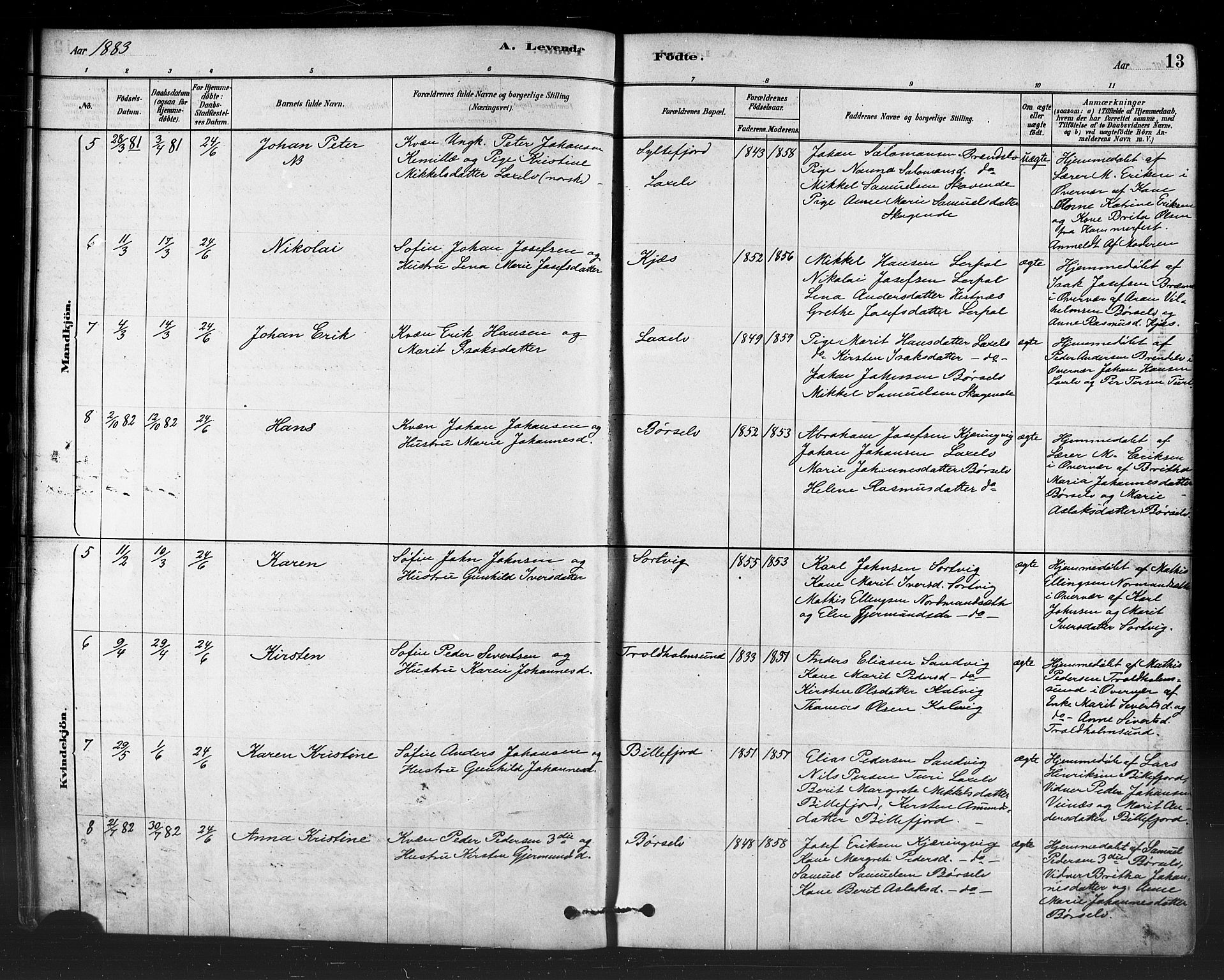 Kistrand/Porsanger sokneprestembete, AV/SATØ-S-1351/H/Ha/L0007.kirke: Parish register (official) no. 7, 1881-1889, p. 13