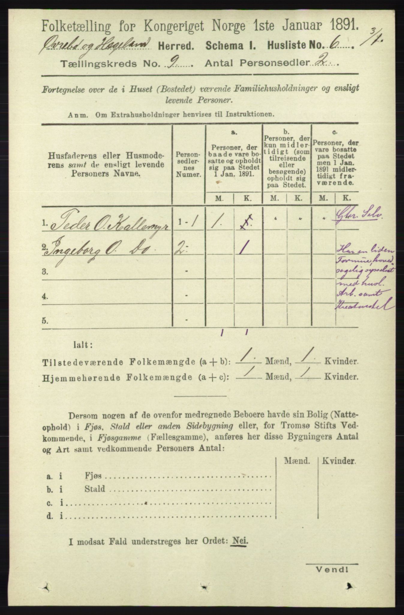 RA, 1891 census for 1016 Øvrebø og Hægeland, 1891, p. 1707