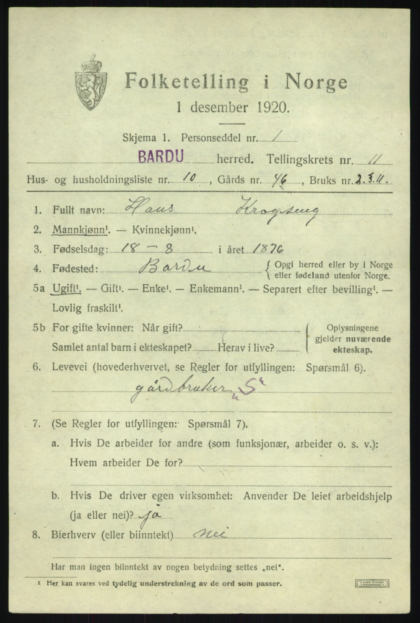 SATØ, 1920 census for Bardu, 1920, p. 3603