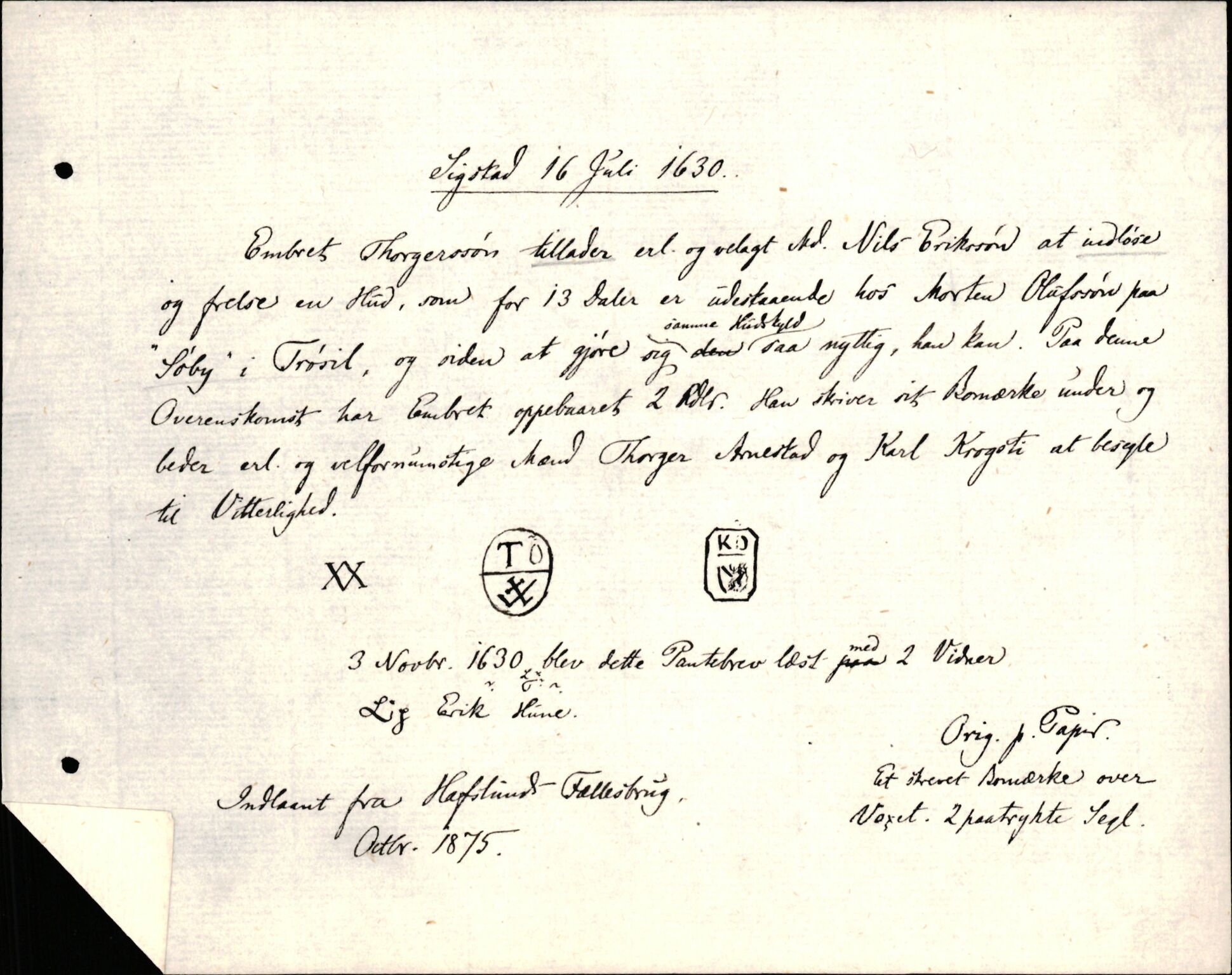 Riksarkivets diplomsamling, AV/RA-EA-5965/F35/F35d/L0003: Innlånte diplomer, seddelregister, 1621-1642, p. 287