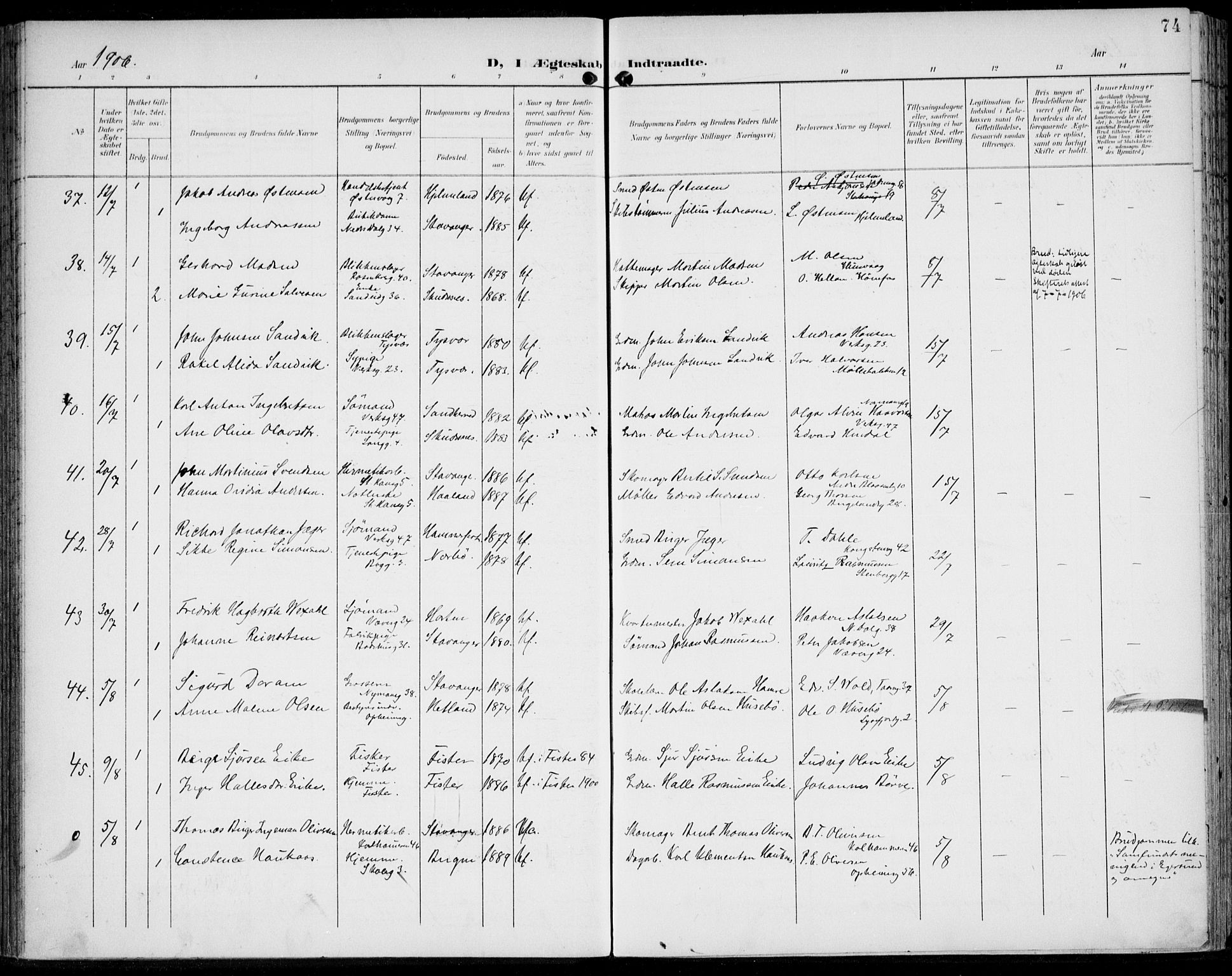 St. Johannes sokneprestkontor, SAST/A-101814/002/B/L0001: Parish register (official) no. A 8, 1899-1917, p. 74