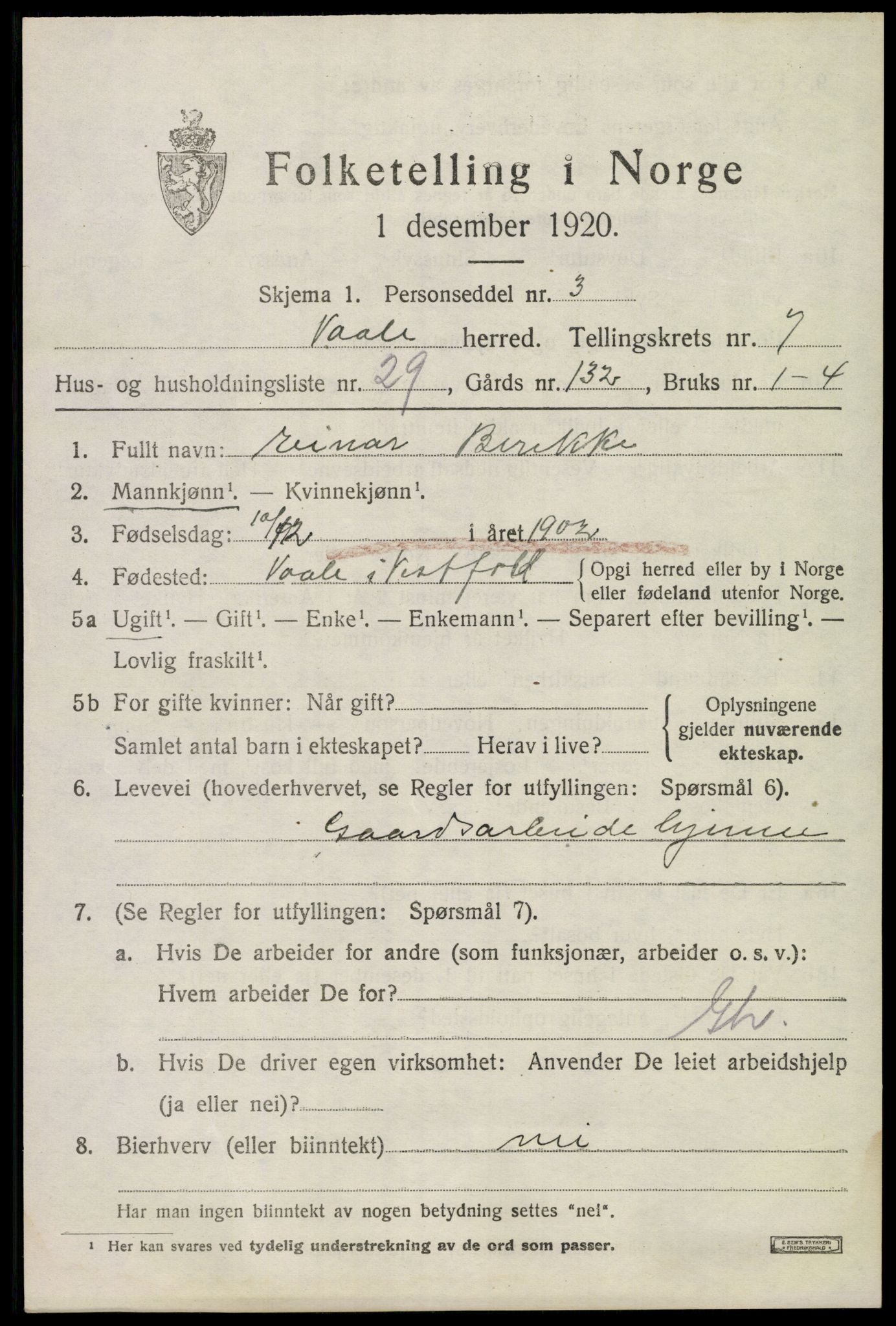 SAKO, 1920 census for Våle, 1920, p. 5832