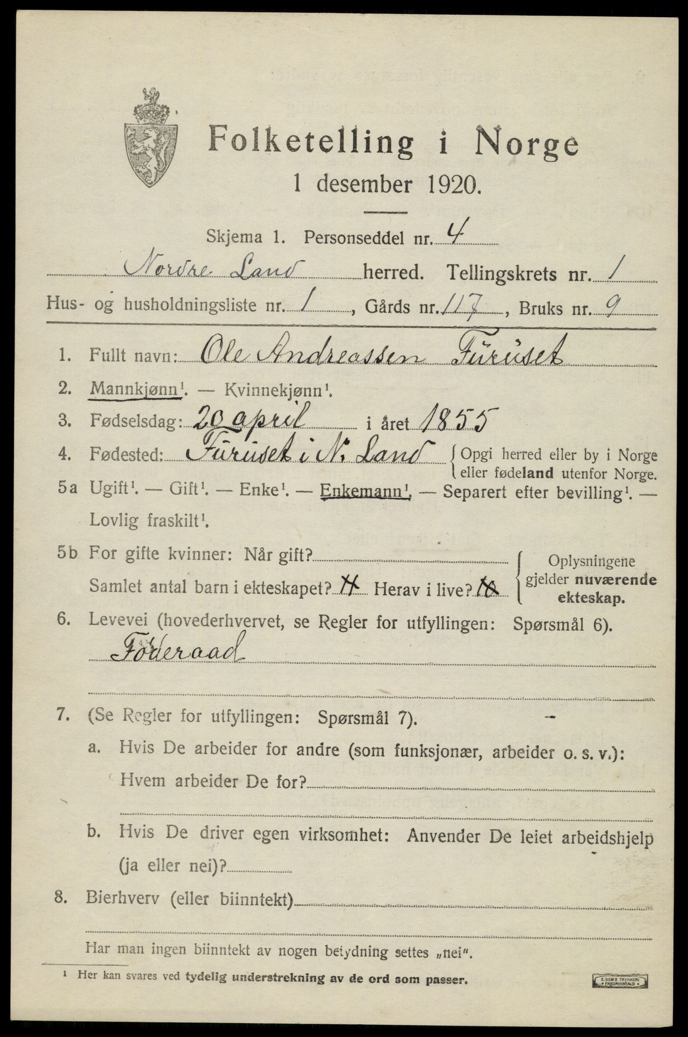 SAH, 1920 census for Nordre Land, 1920, p. 1124