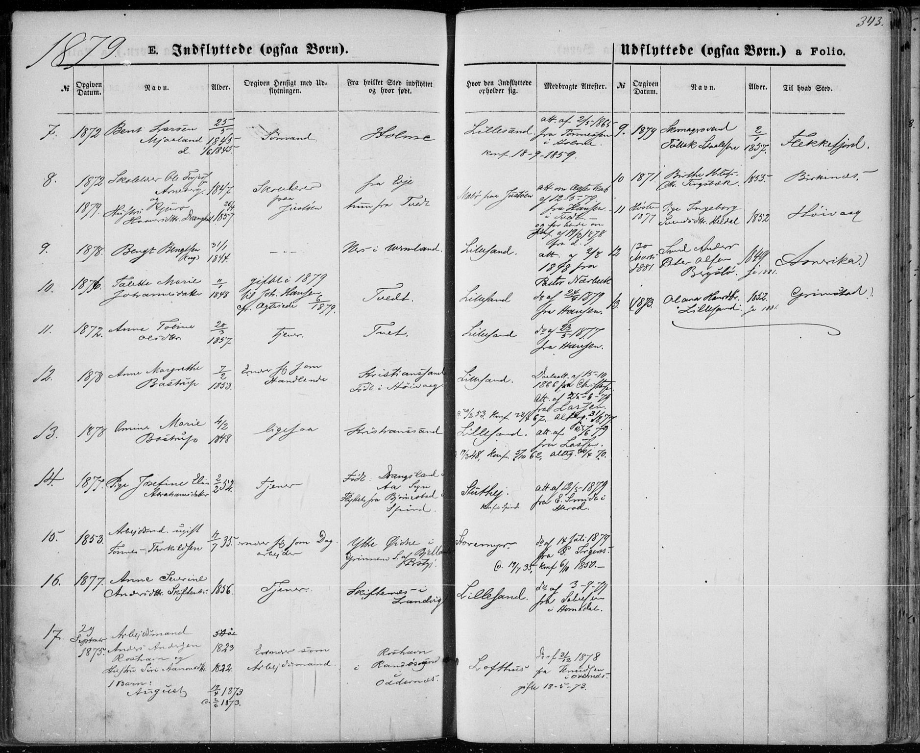 Vestre Moland sokneprestkontor, AV/SAK-1111-0046/F/Fa/Fab/L0008: Parish register (official) no. A 8, 1873-1883, p. 343