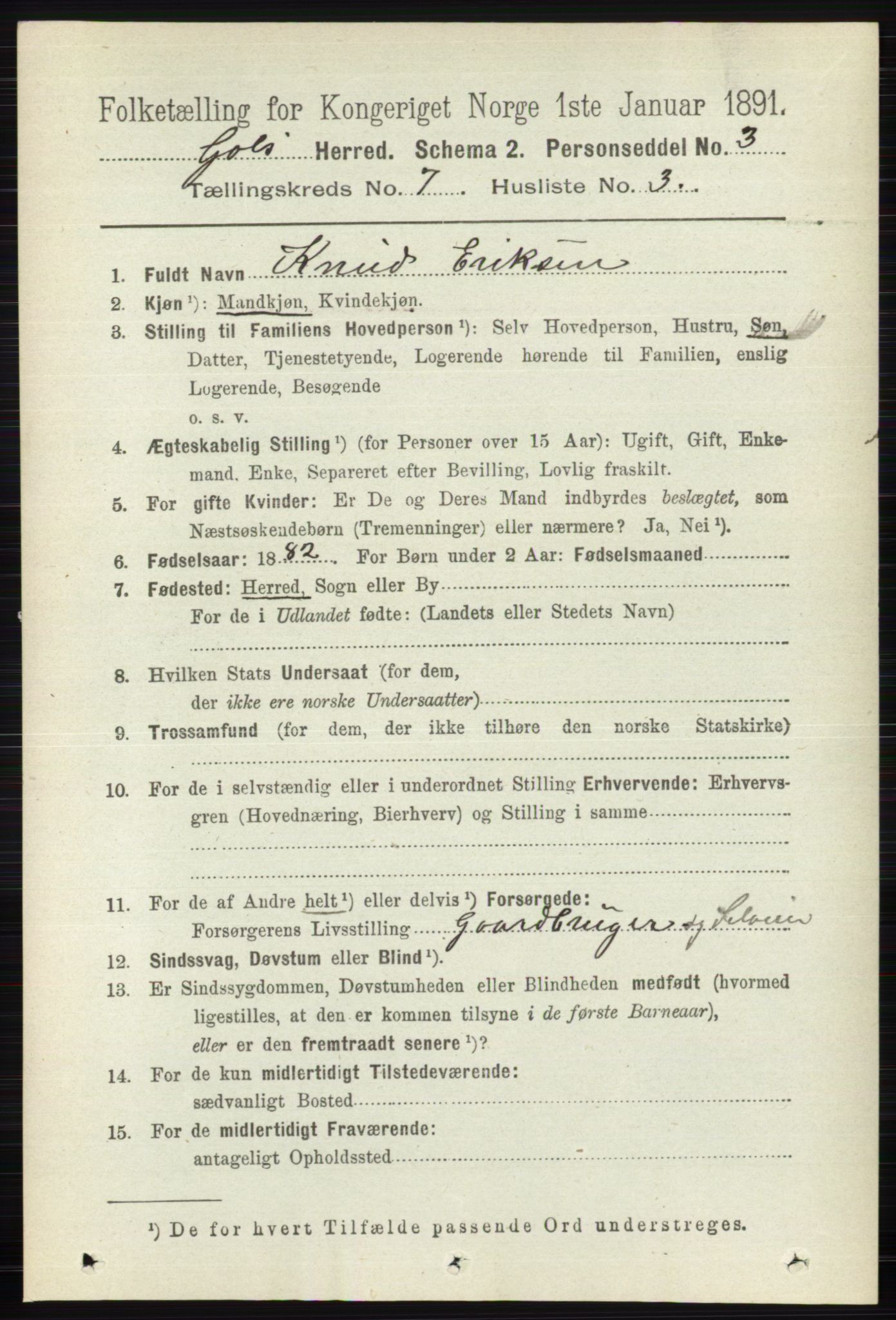 RA, 1891 census for 0617 Gol og Hemsedal, 1891, p. 2814