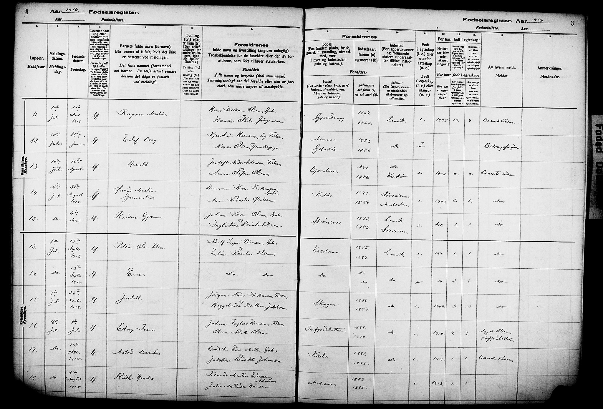 Lenvik sokneprestembete, AV/SATØ-S-1310/I/Ic/L0089: Birth register no. 89, 1916-1926, p. 3