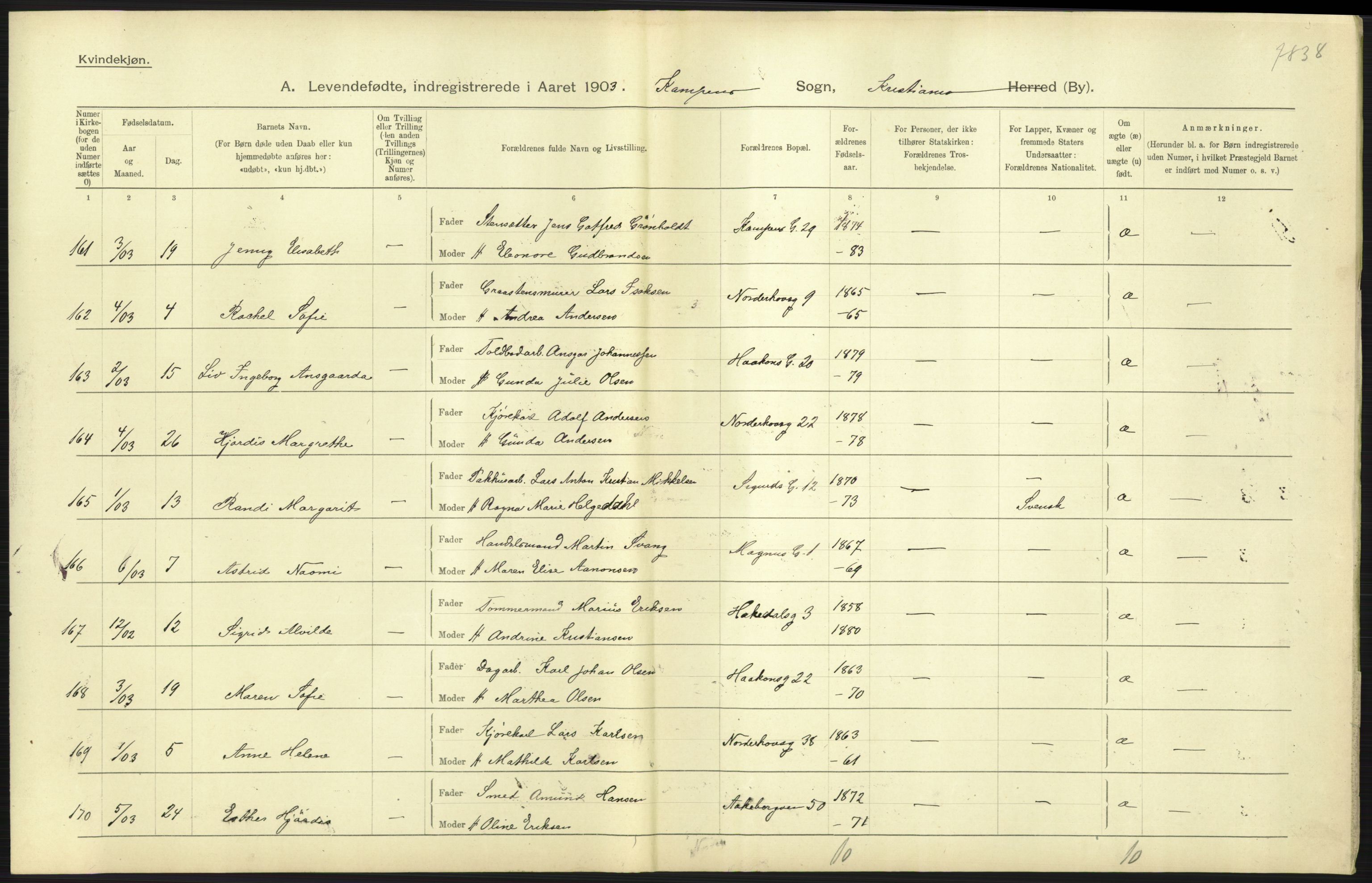 Statistisk sentralbyrå, Sosiodemografiske emner, Befolkning, AV/RA-S-2228/D/Df/Dfa/Dfaa/L0003: Kristiania: Fødte, 1903, p. 177