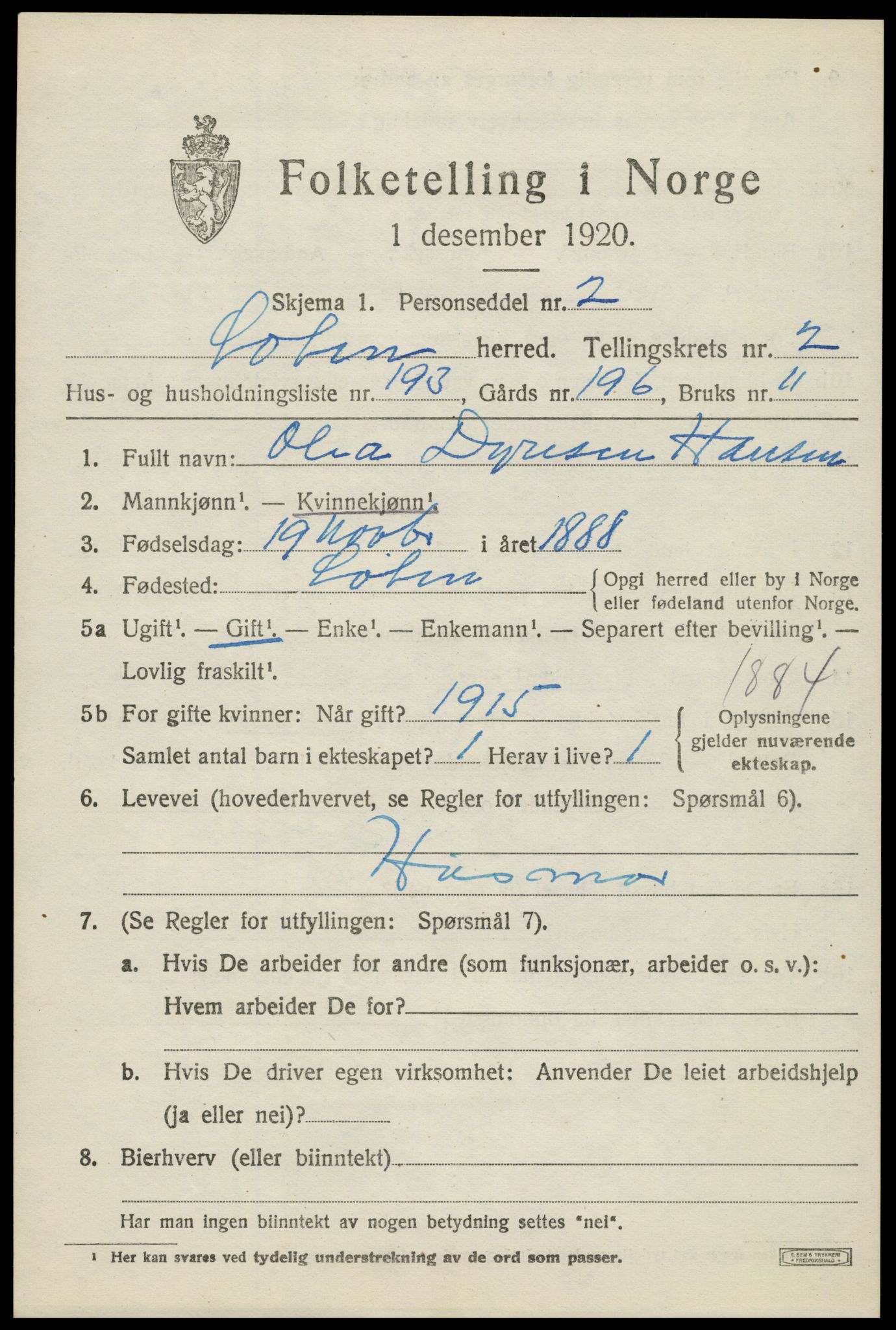 SAH, 1920 census for Løten, 1920, p. 7105