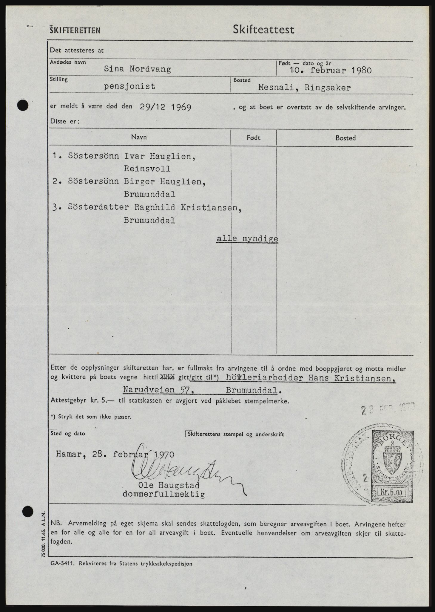 Nord-Hedmark sorenskriveri, AV/SAH-TING-012/H/Hc/L0033: Mortgage book no. 33, 1970-1970, Diary no: : 1411/1970