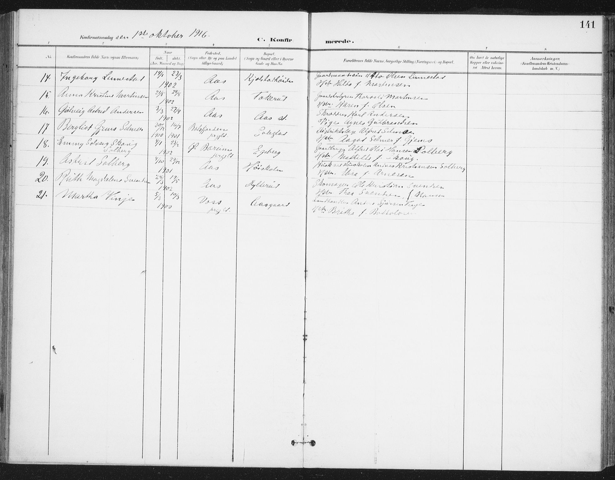 Ås prestekontor Kirkebøker, SAO/A-10894/F/Fa/L0010: Parish register (official) no. I 10, 1900-1918, p. 141