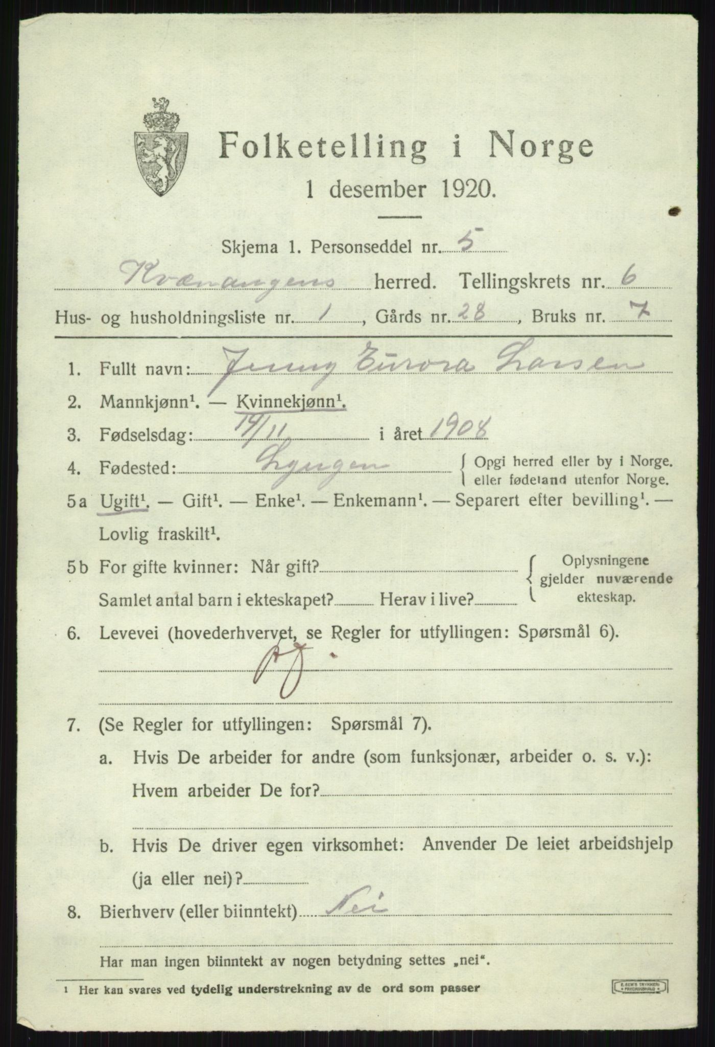 SATØ, 1920 census for Kvænangen, 1920, p. 3630