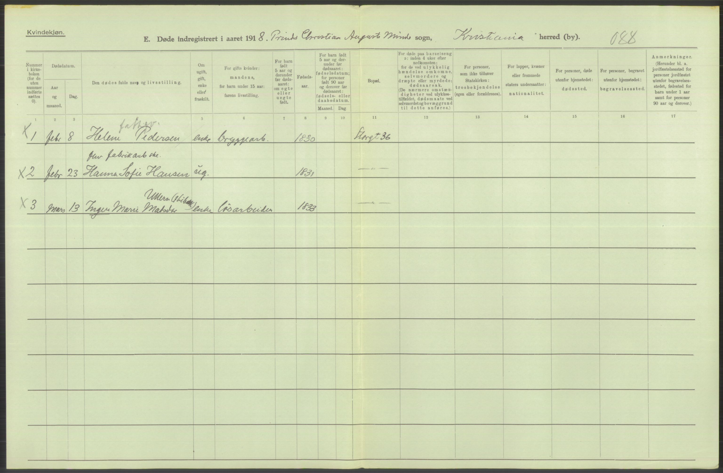 Statistisk sentralbyrå, Sosiodemografiske emner, Befolkning, AV/RA-S-2228/D/Df/Dfb/Dfbh/L0011: Kristiania: Døde, dødfødte, 1918, p. 202