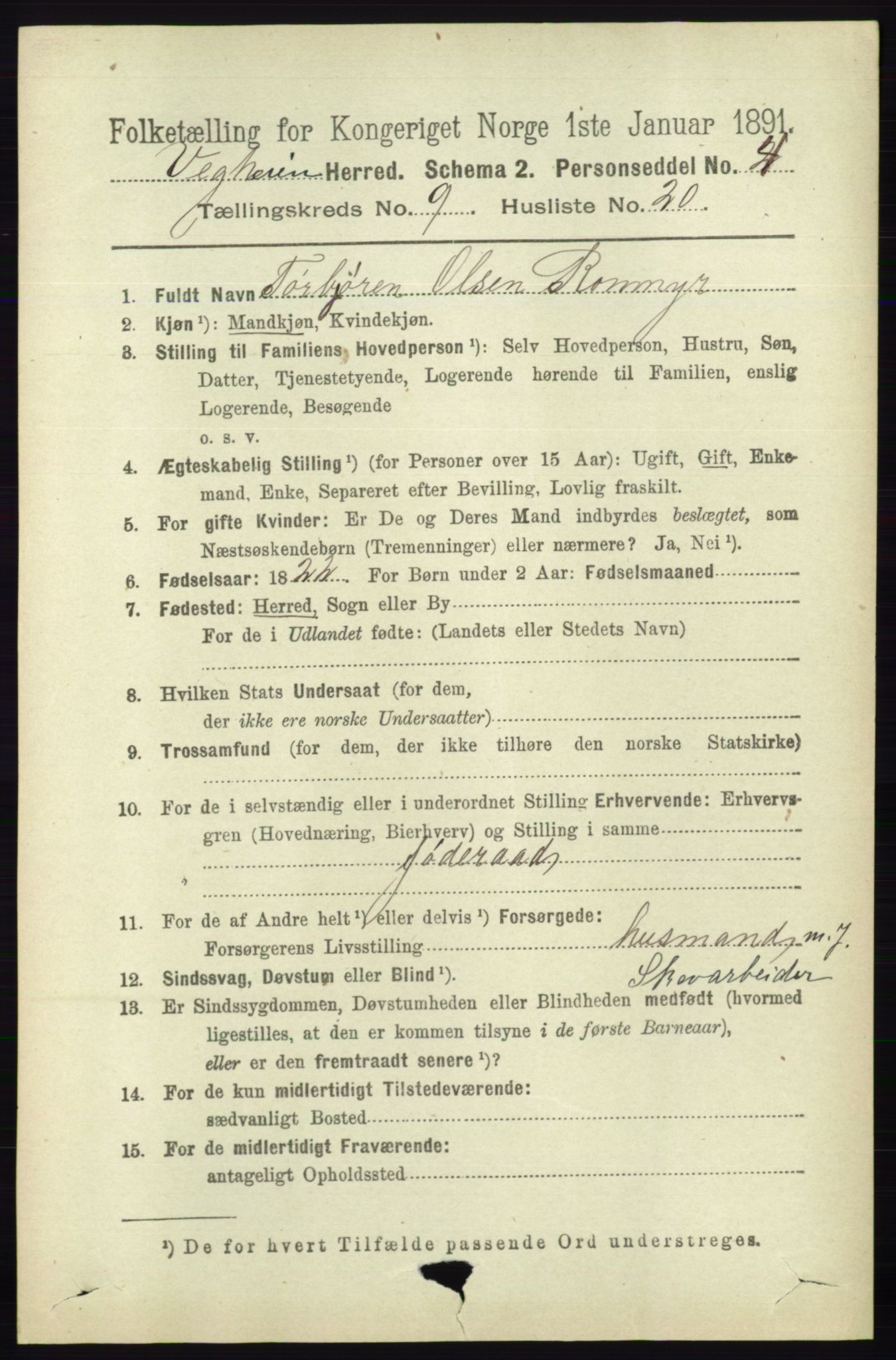 RA, 1891 census for 0912 Vegårshei, 1891, p. 1874