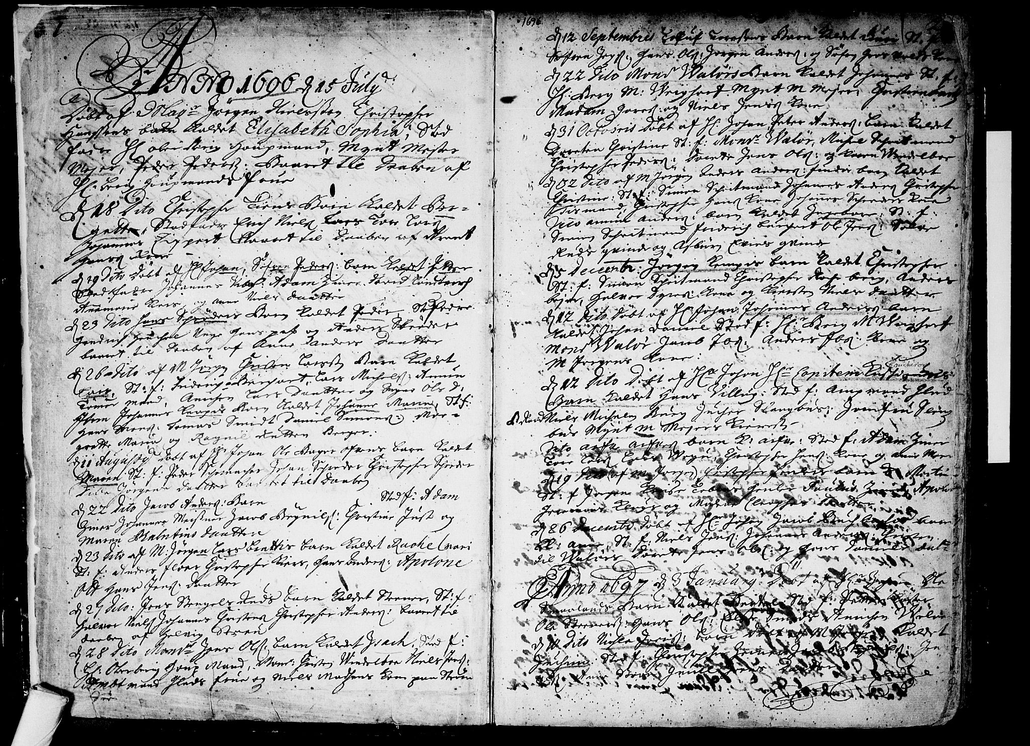 Kongsberg kirkebøker, SAKO/A-22/F/Fa/L0001: Parish register (official) no. I 1, 1696-1720, p. 1-2