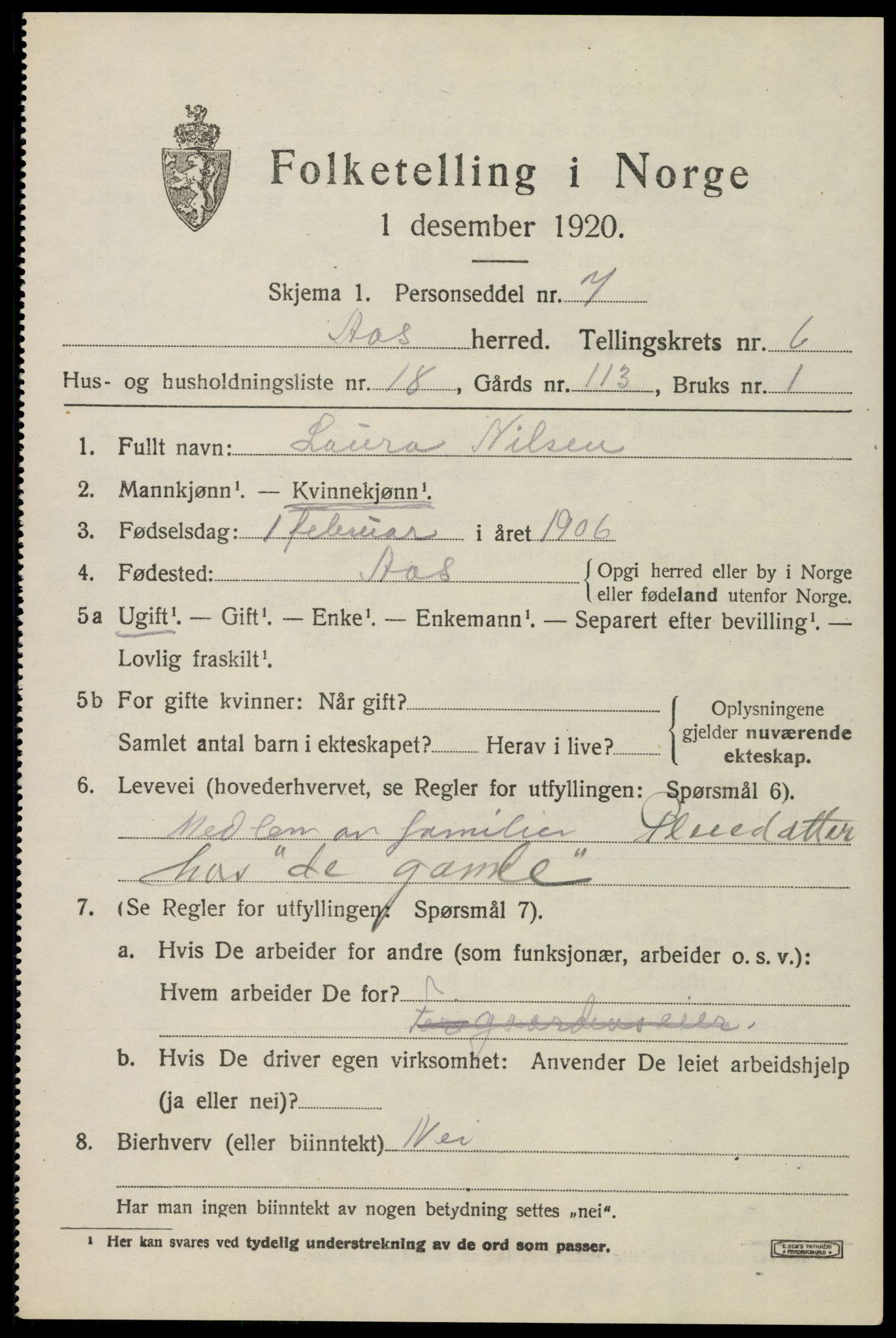 SAO, 1920 census for Ås, 1920, p. 7038