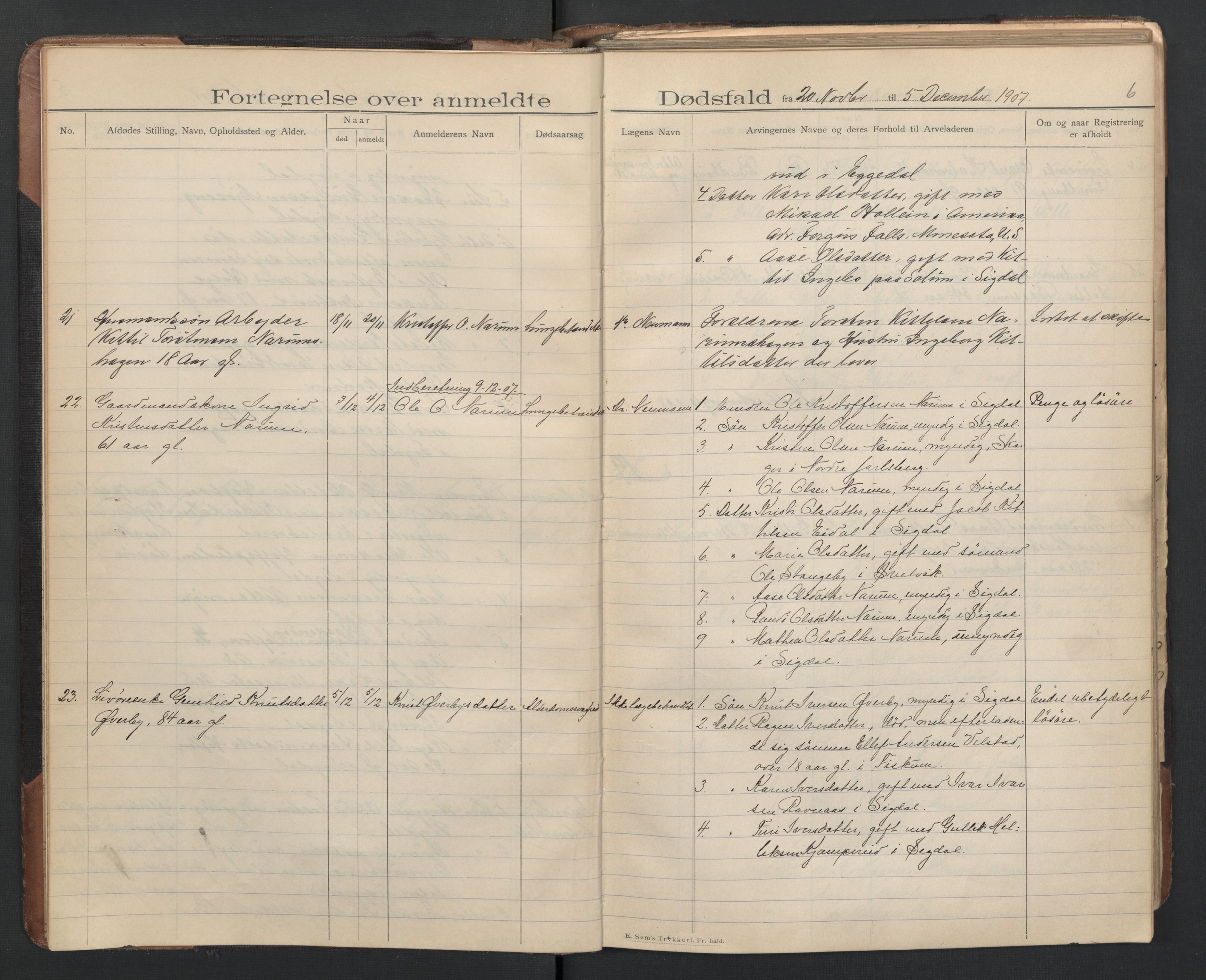 Sigdal lensmannskontor, SAKO/A-515/H/Ha/L0003: Dødsfallsprotokoll, 1907-1927, p. 6