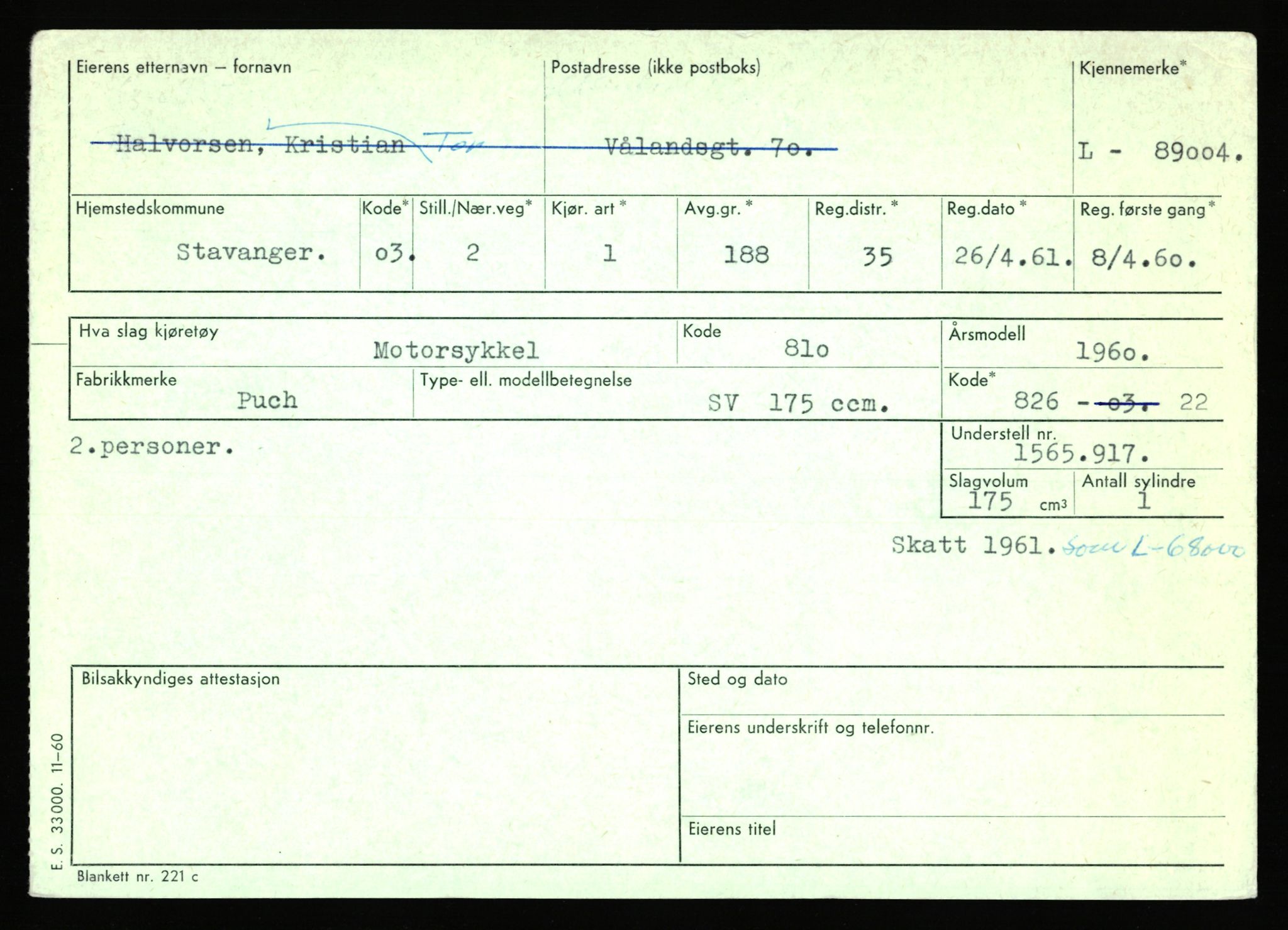 Stavanger trafikkstasjon, SAST/A-101942/0/F/L0075: L-88800 - L-92499, 1930-1971, p. 309