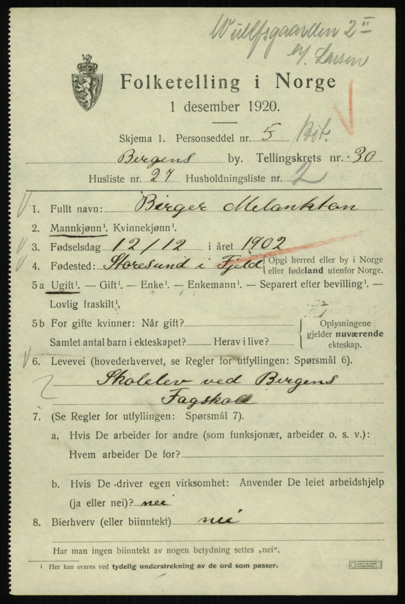 SAB, 1920 census for Bergen, 1920, p. 95828