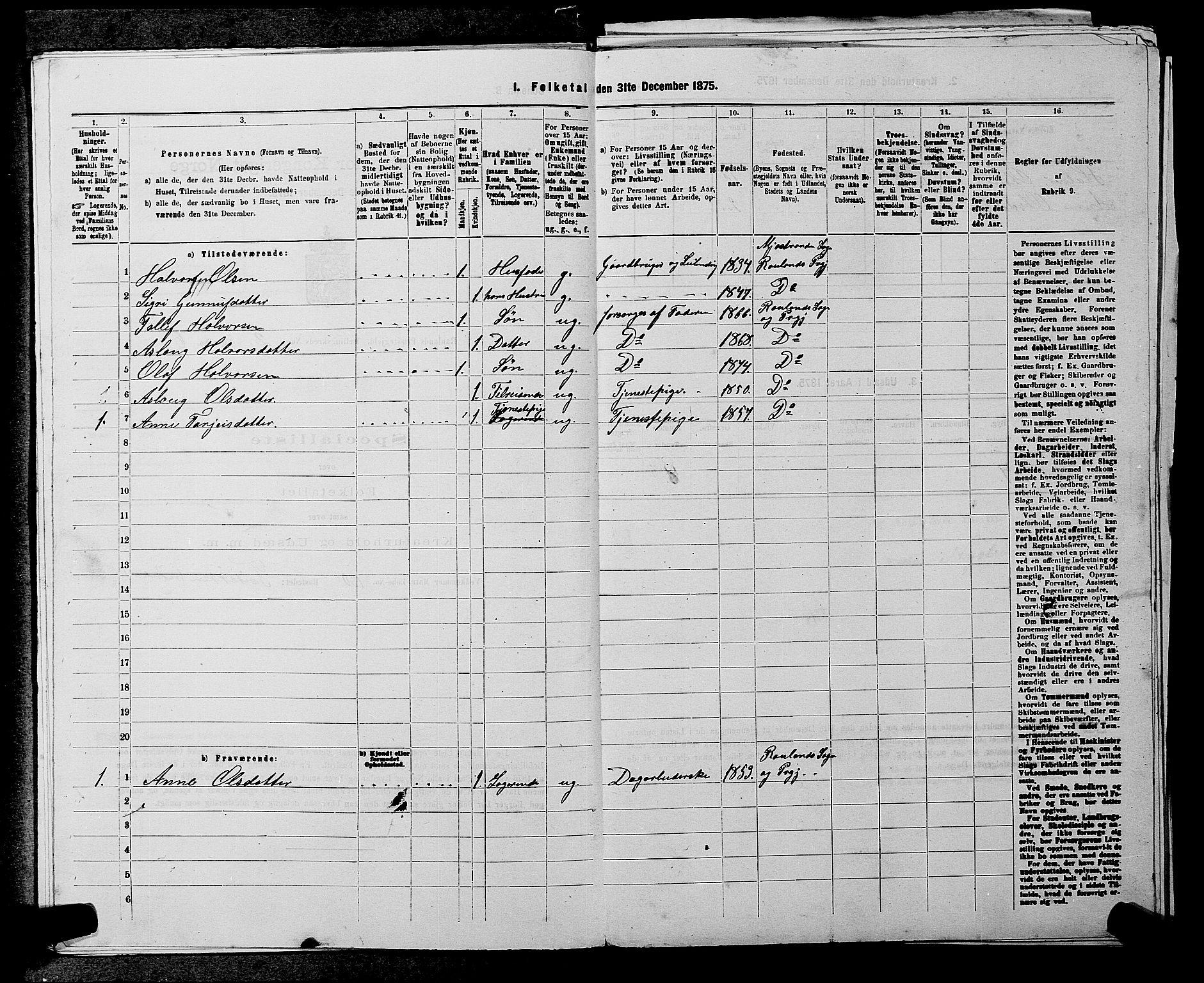 SAKO, 1875 census for 0835P Rauland, 1875, p. 107