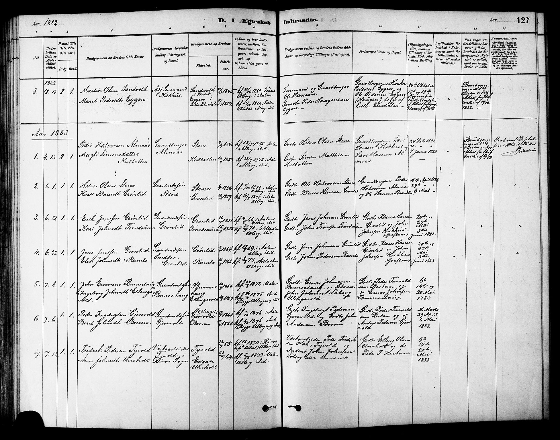 Ministerialprotokoller, klokkerbøker og fødselsregistre - Sør-Trøndelag, AV/SAT-A-1456/686/L0983: Parish register (official) no. 686A01, 1879-1890, p. 127