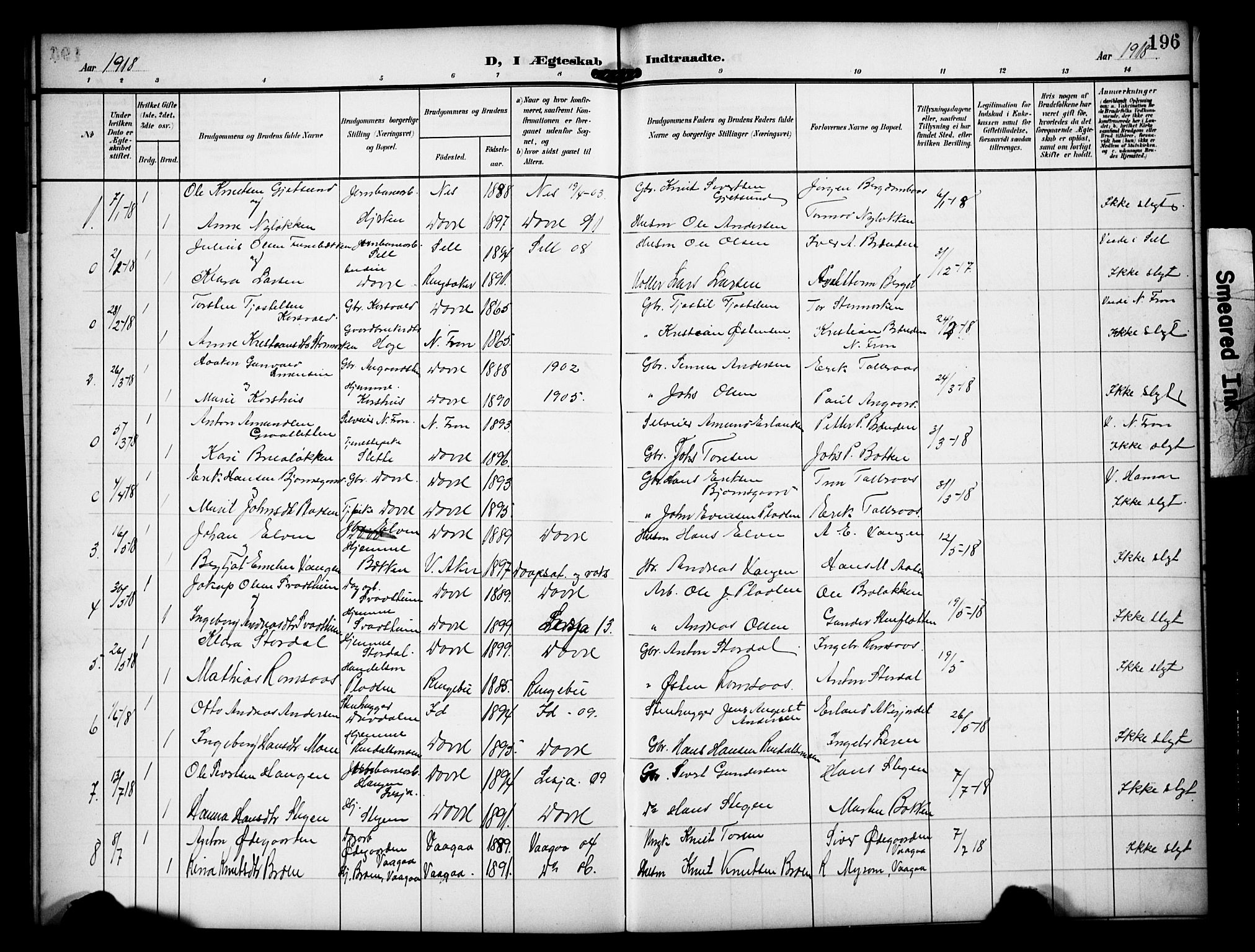 Dovre prestekontor, AV/SAH-PREST-066/H/Ha/Hab/L0003: Parish register (copy) no. 3, 1907-1929, p. 196