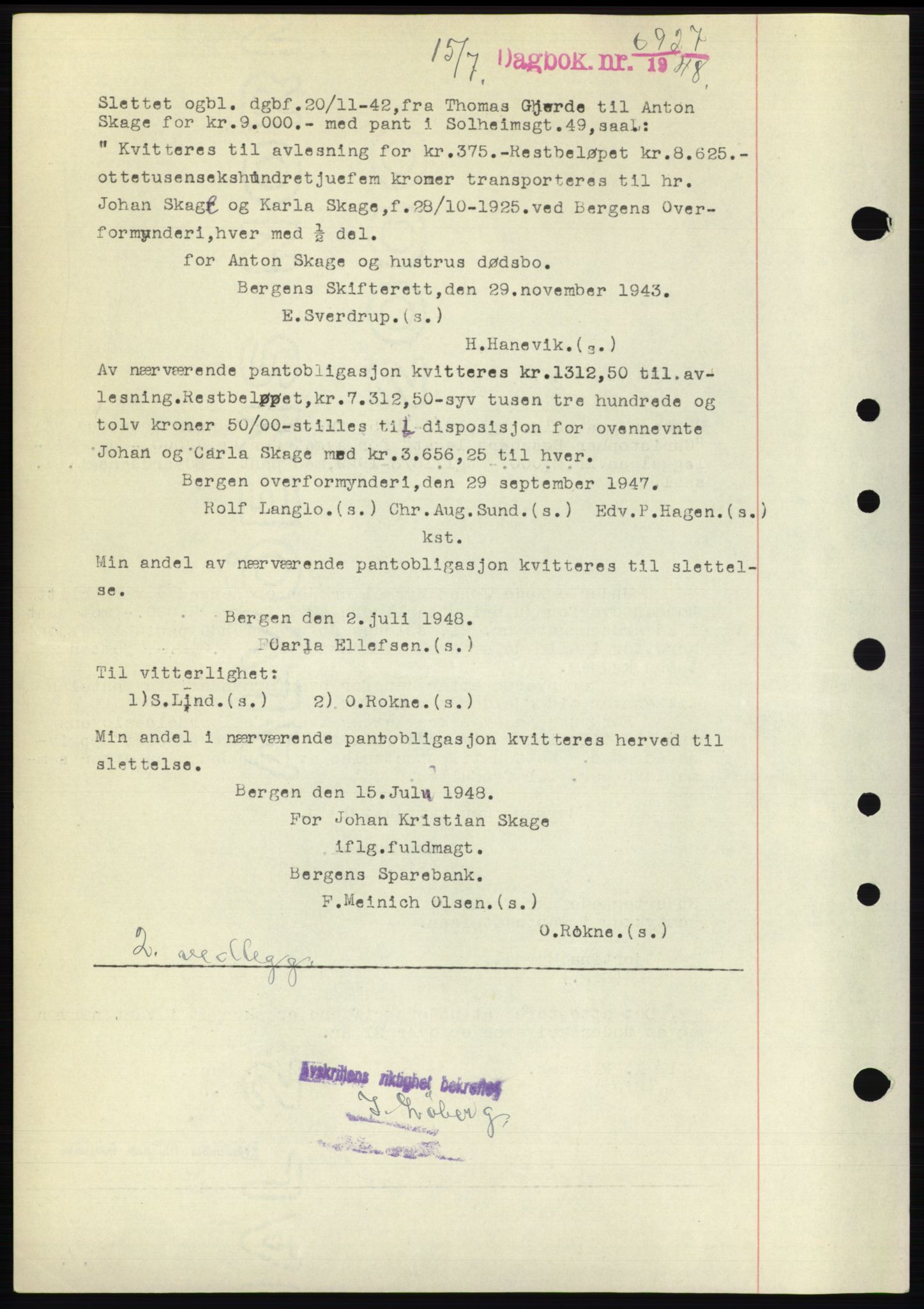 Byfogd og Byskriver i Bergen, AV/SAB-A-3401/03/03Bd/L0003: Mortgage book no. B29-39, 1947-1950, Diary no: : 6927/1948