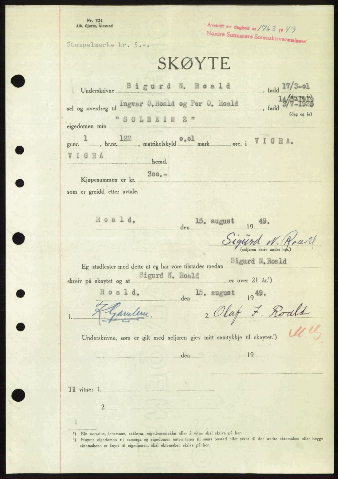 Nordre Sunnmøre sorenskriveri, AV/SAT-A-0006/1/2/2C/2Ca: Mortgage book no. A31, 1949-1949, Diary no: : 1763/1949