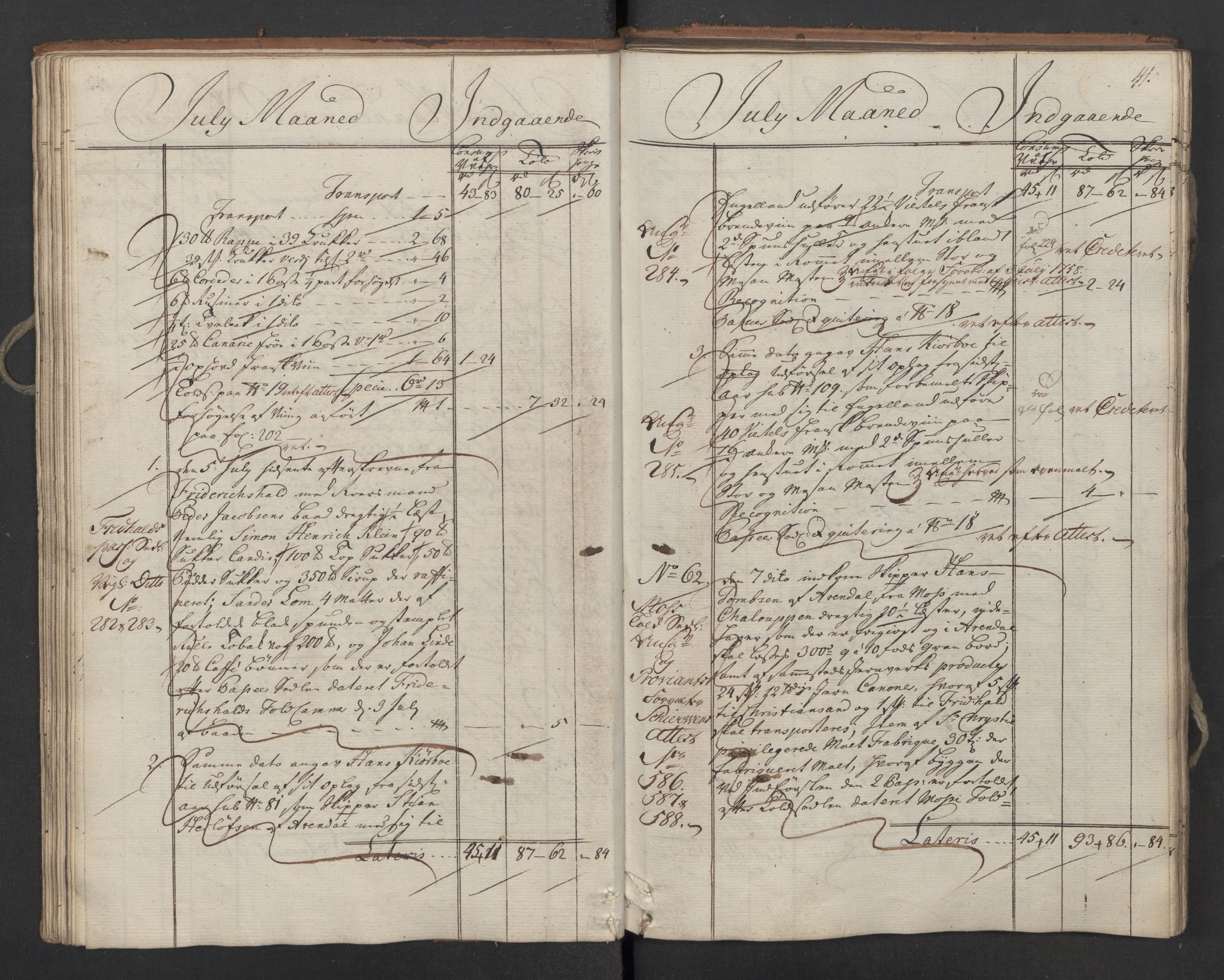 Generaltollkammeret, tollregnskaper, AV/RA-EA-5490/R02/L0034/0001: Tollregnskaper Fredrikstad / Inngående hovedtollbok, 1762, p. 40b-41a