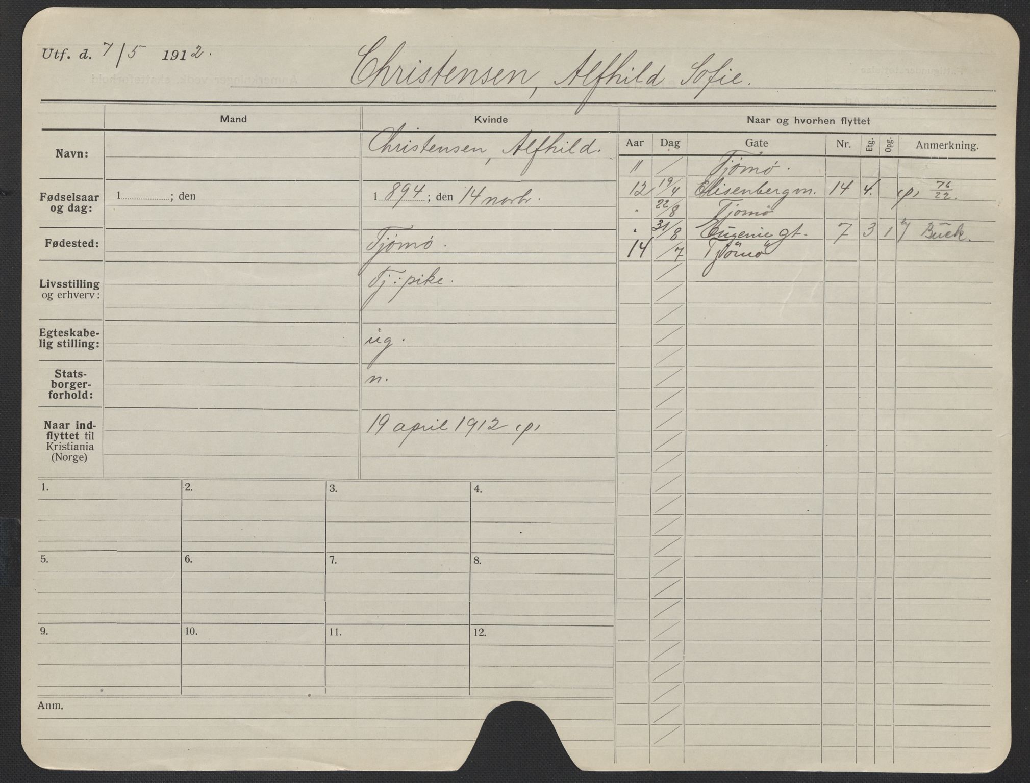 Oslo folkeregister, Registerkort, SAO/A-11715/F/Fa/Fac/L0019: Kvinner, 1906-1914, p. 100a