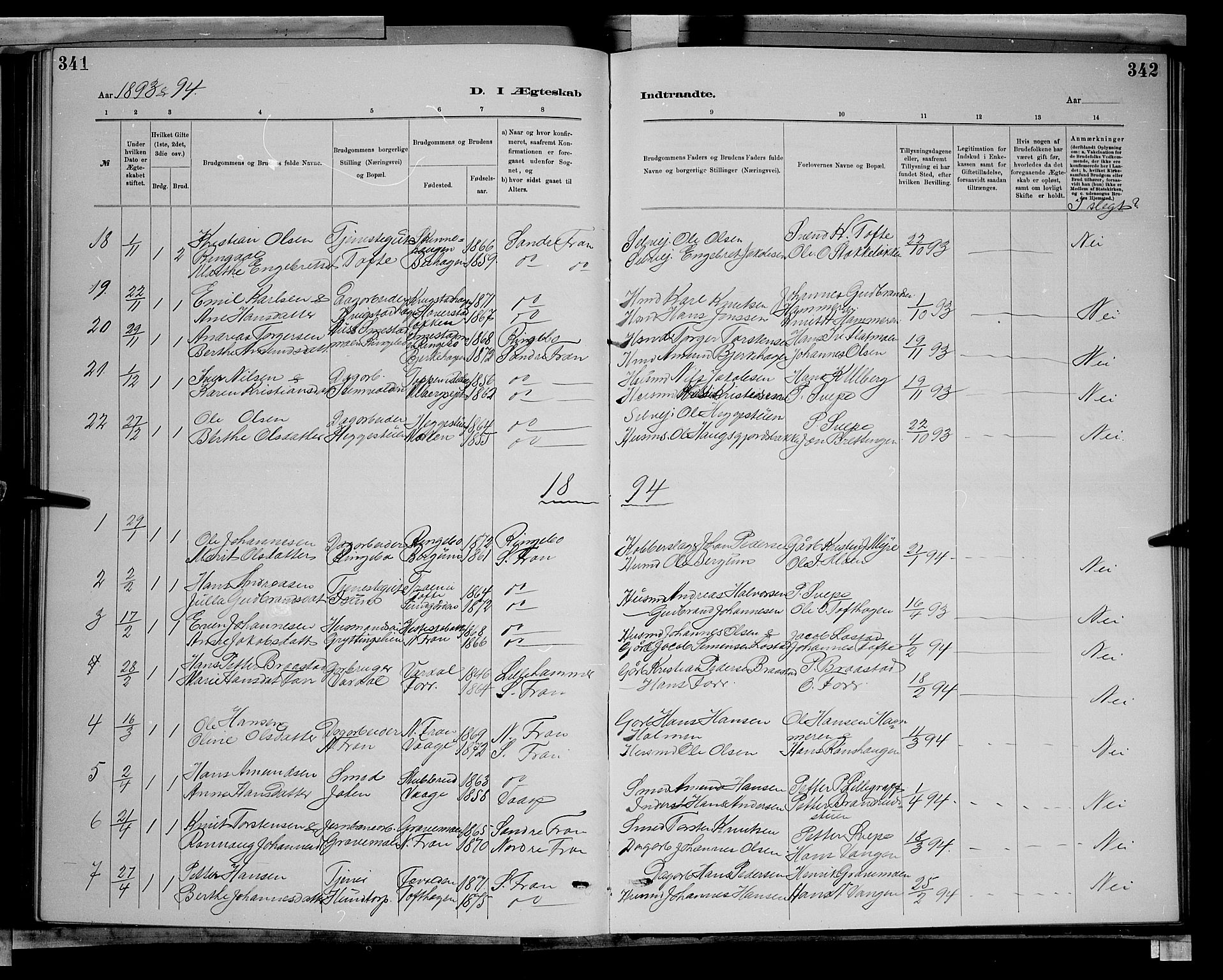 Sør-Fron prestekontor, AV/SAH-PREST-010/H/Ha/Hab/L0003: Parish register (copy) no. 3, 1884-1896, p. 341-342