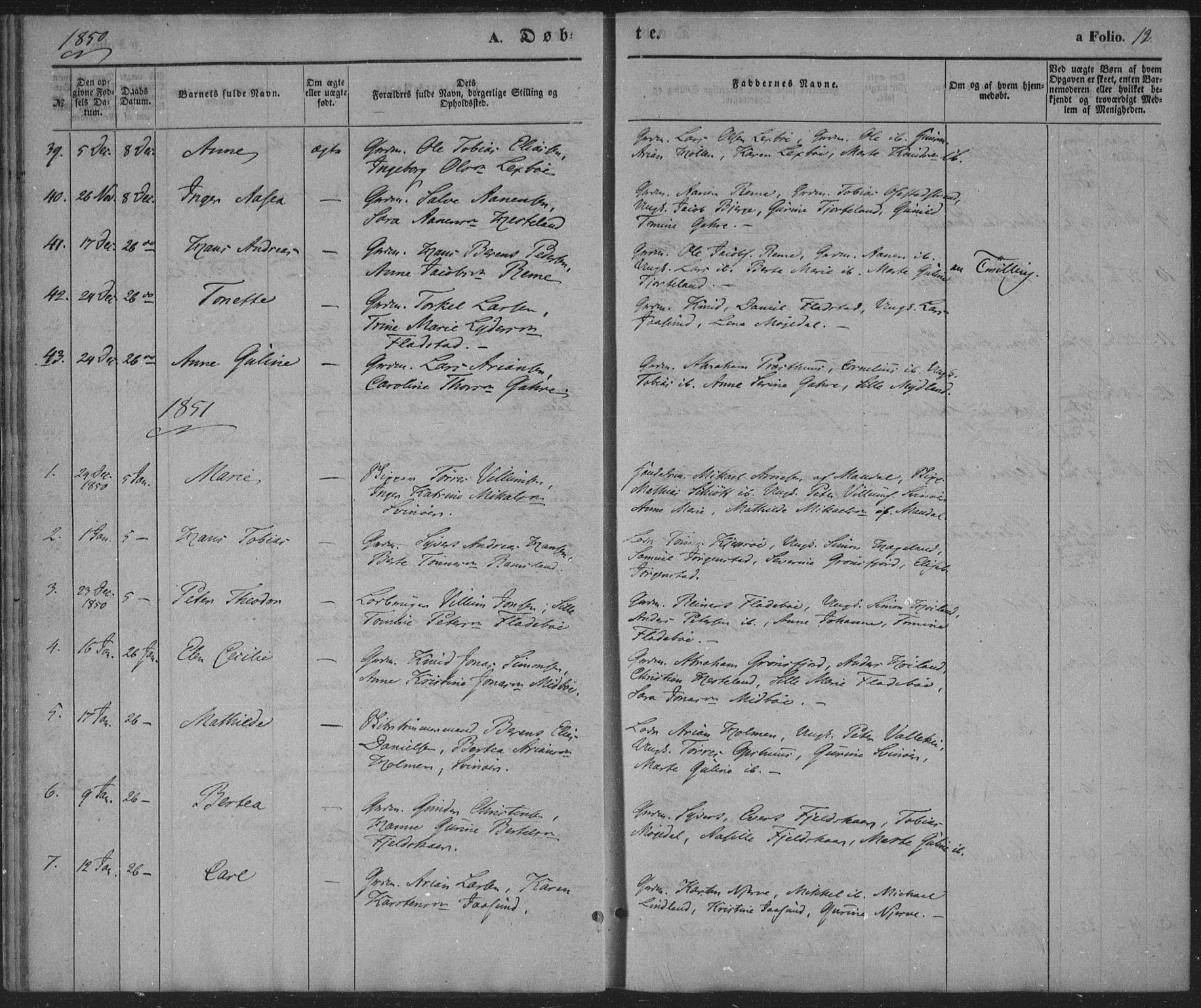Sør-Audnedal sokneprestkontor, SAK/1111-0039/F/Fa/Faa/L0002: Parish register (official) no. A 2, 1848-1867, p. 12