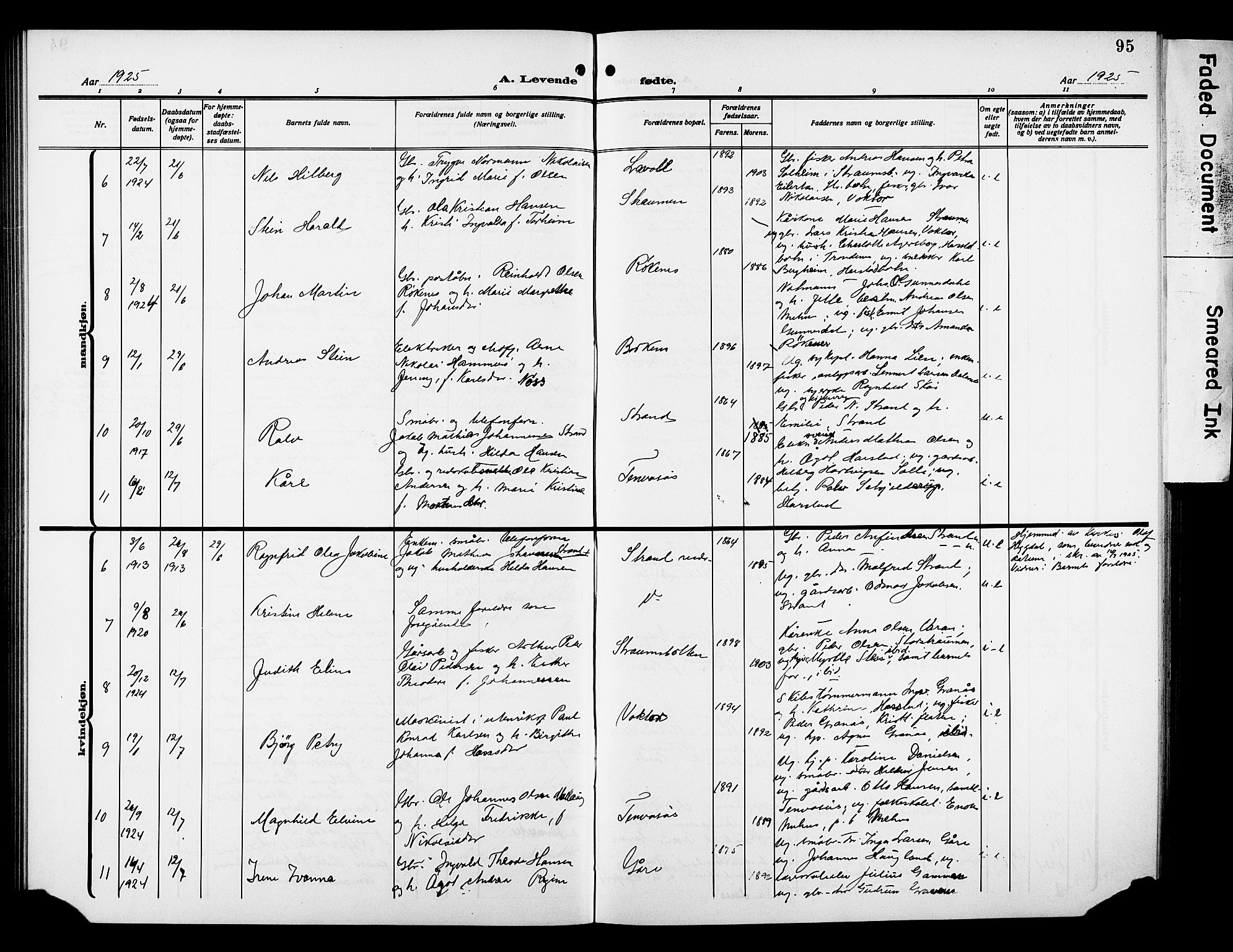 Kvæfjord sokneprestkontor, AV/SATØ-S-1323/G/Ga/Gab/L0006klokker: Parish register (copy) no. 6, 1912-1931, p. 95