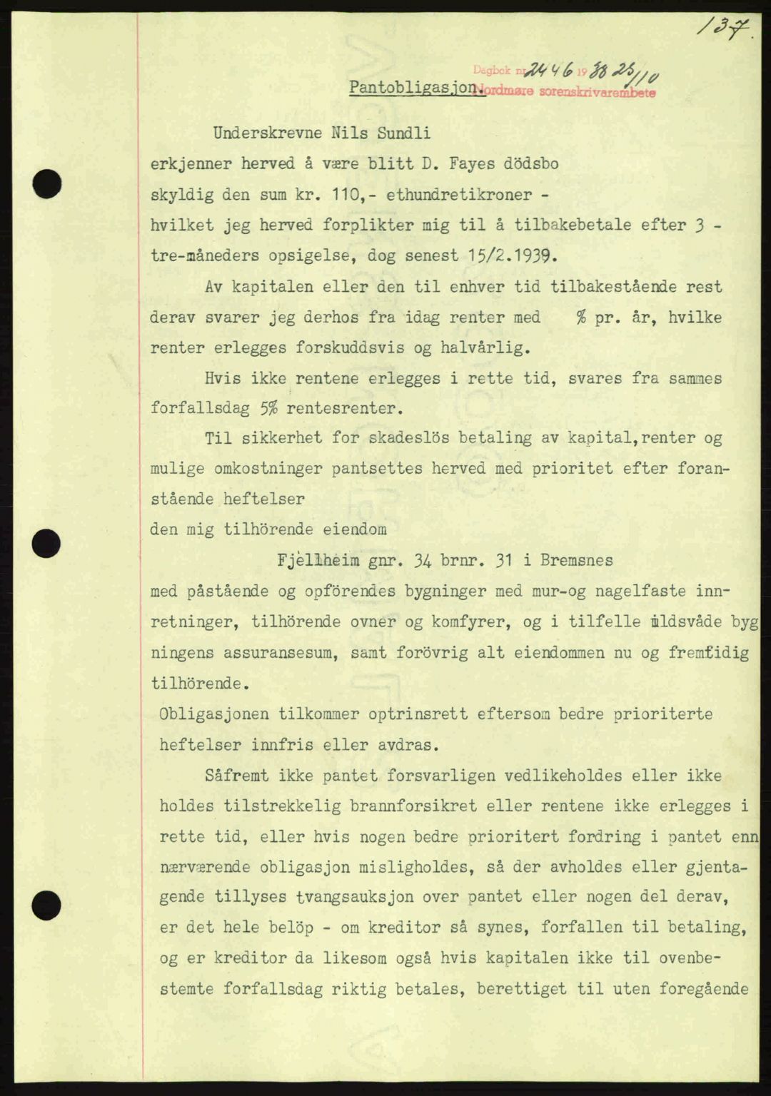 Nordmøre sorenskriveri, SAT/A-4132/1/2/2Ca: Mortgage book no. B84, 1938-1939, Diary no: : 2446/1938
