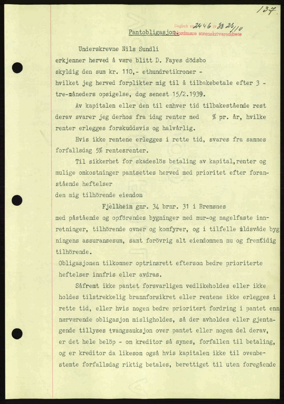 Nordmøre sorenskriveri, AV/SAT-A-4132/1/2/2Ca: Mortgage book no. B84, 1938-1939, Diary no: : 2446/1938