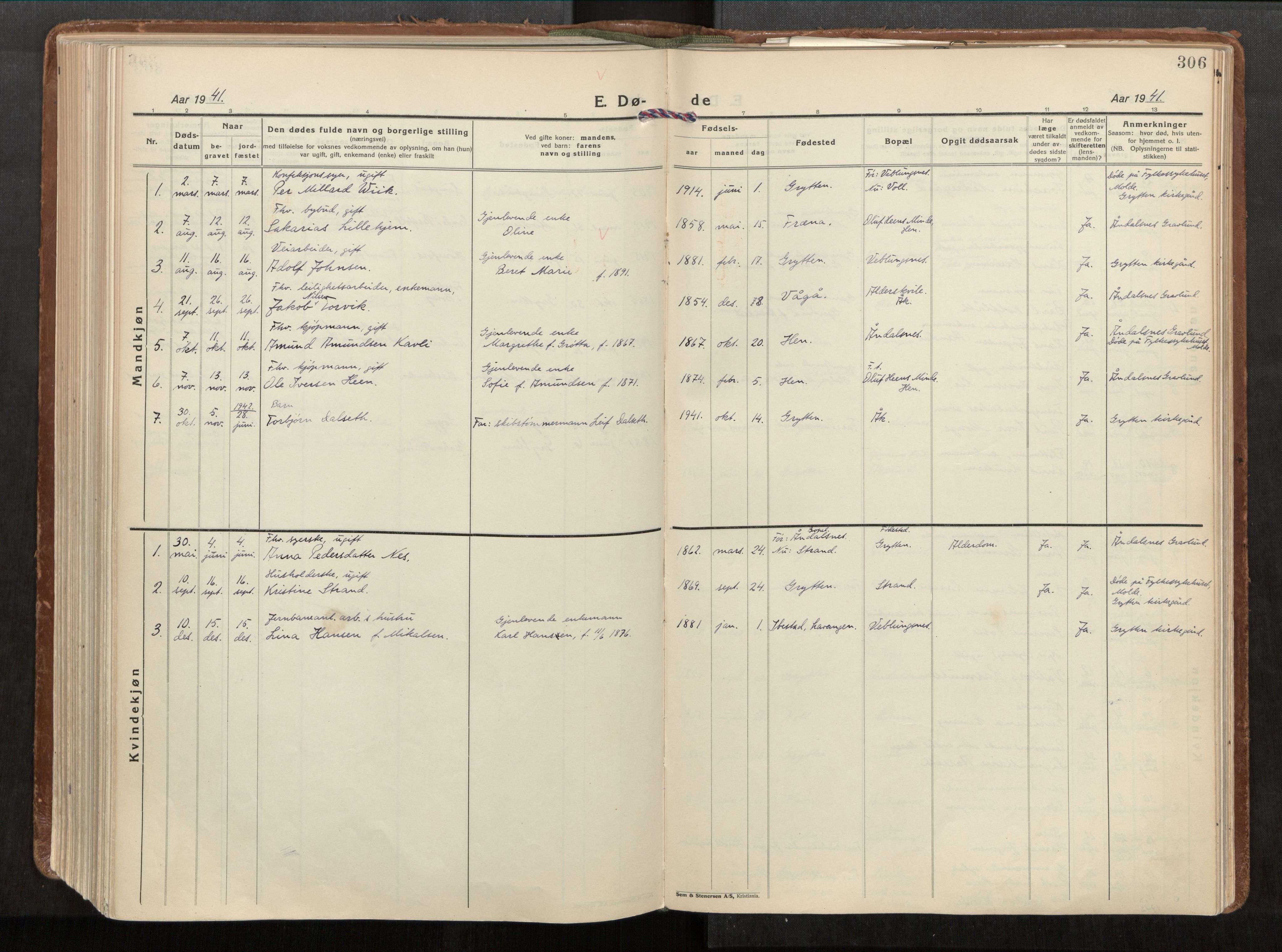 Ministerialprotokoller, klokkerbøker og fødselsregistre - Møre og Romsdal, AV/SAT-A-1454/544/L0587: Parish register (official) no. 544A11, 1924-1954, p. 306