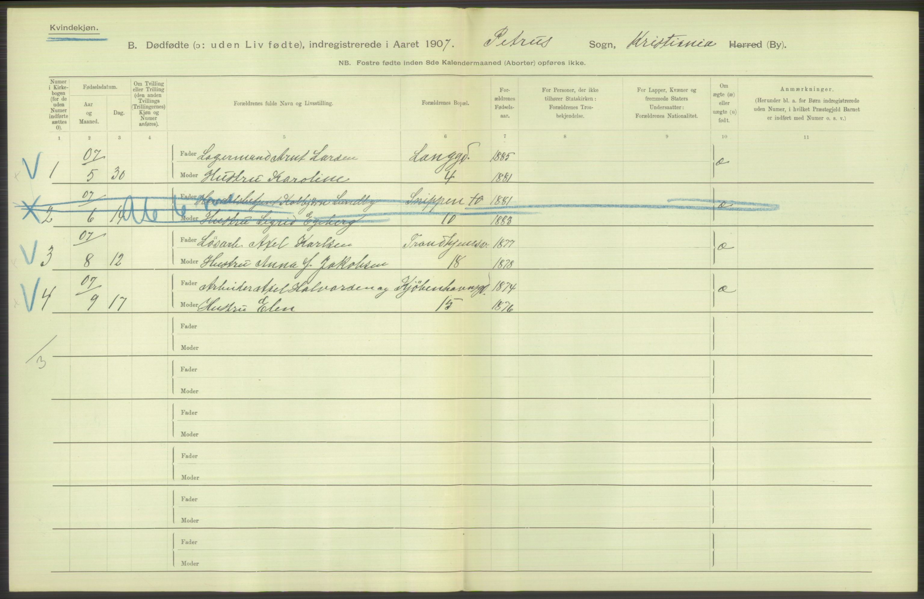 Statistisk sentralbyrå, Sosiodemografiske emner, Befolkning, RA/S-2228/D/Df/Dfa/Dfae/L0010: Kristiania: Døde, dødfødte, 1907, p. 154