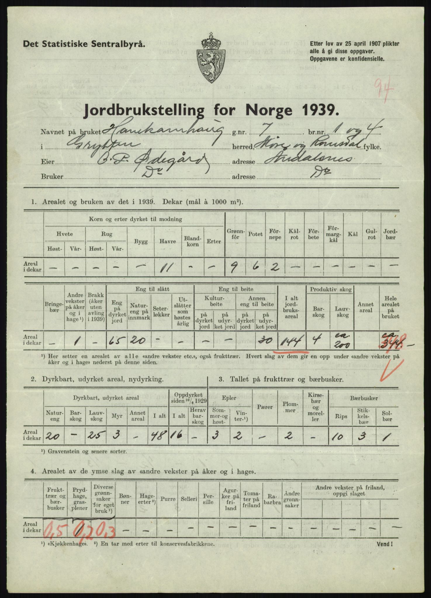 Statistisk sentralbyrå, Næringsøkonomiske emner, Jordbruk, skogbruk, jakt, fiske og fangst, AV/RA-S-2234/G/Gb/L0251: Møre og Romsdal: Voll, Eid, Grytten og Hen, 1939, p. 867