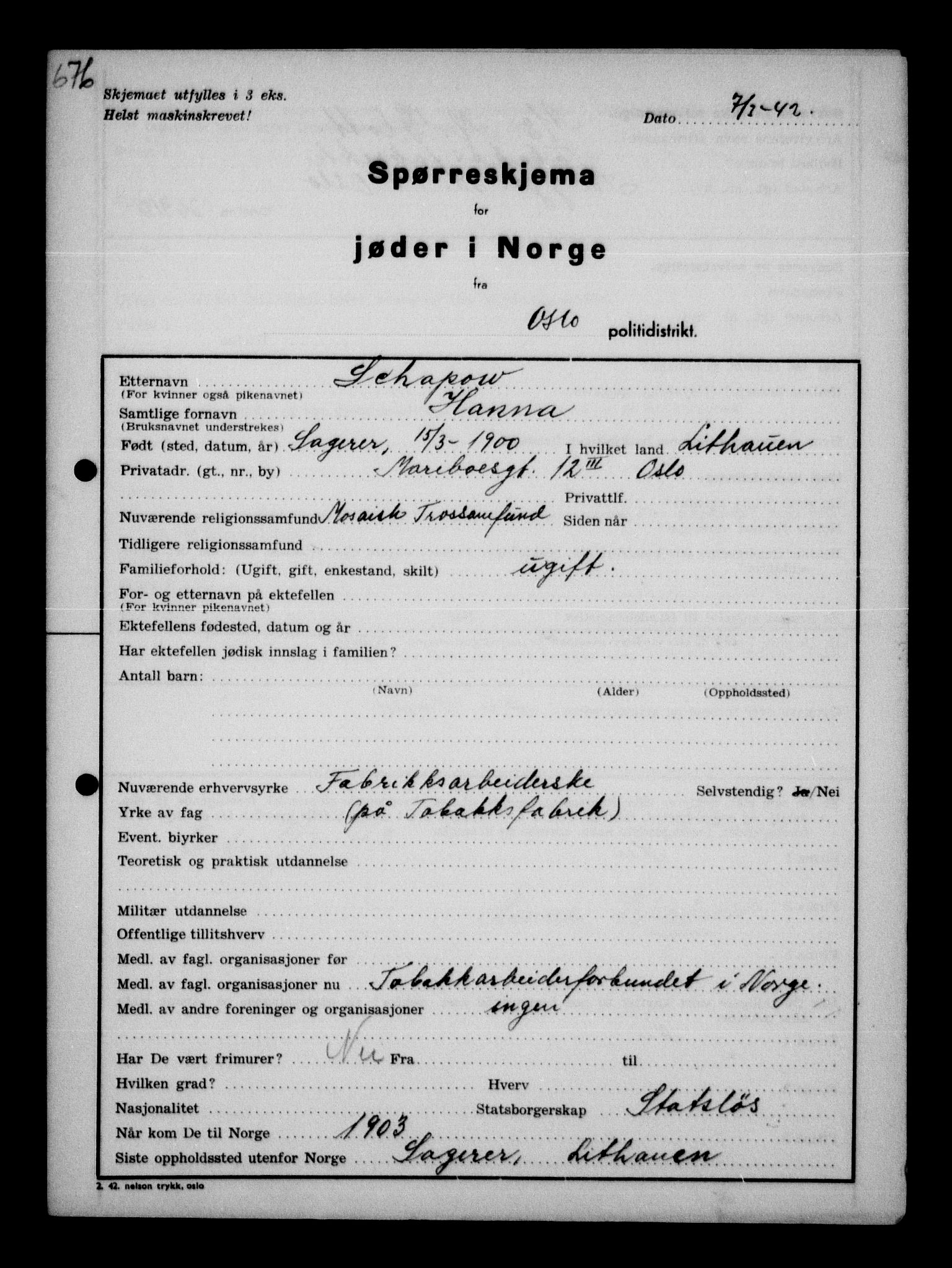 Statspolitiet - Hovedkontoret / Osloavdelingen, AV/RA-S-1329/G/Ga/L0011: Spørreskjema for jøder i Norge. 1: Oslo 610-806 (Plavnik-Zwillinger). 2: Aker 1-113 (Adler-Lewin). , 1942, p. 198