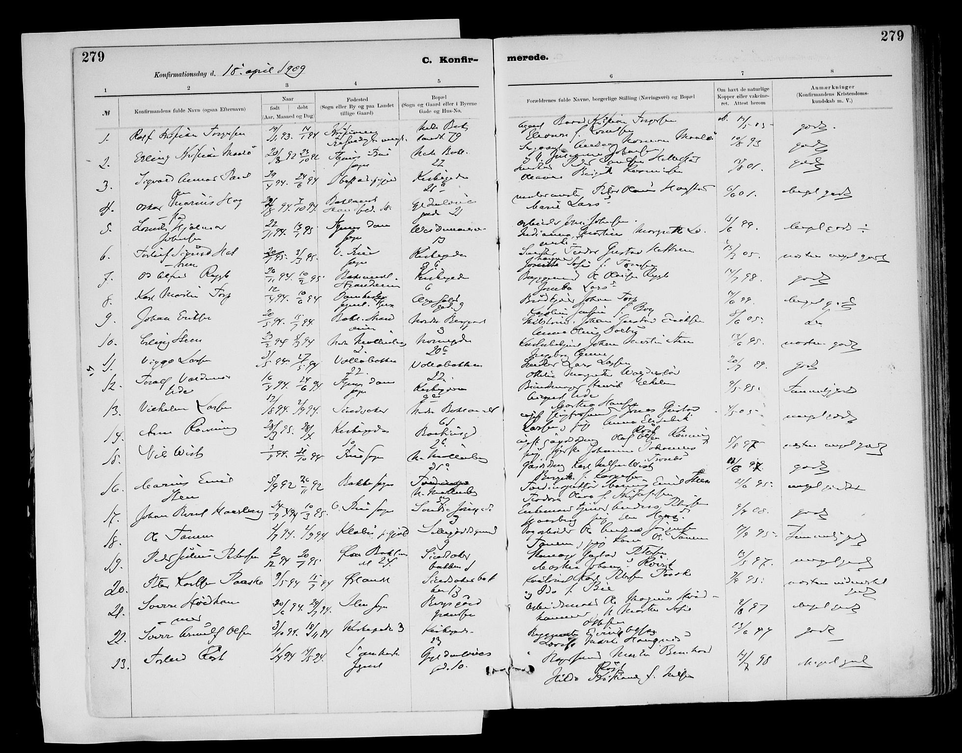 Ministerialprotokoller, klokkerbøker og fødselsregistre - Sør-Trøndelag, SAT/A-1456/604/L0203: Parish register (official) no. 604A23, 1908-1916, p. 279