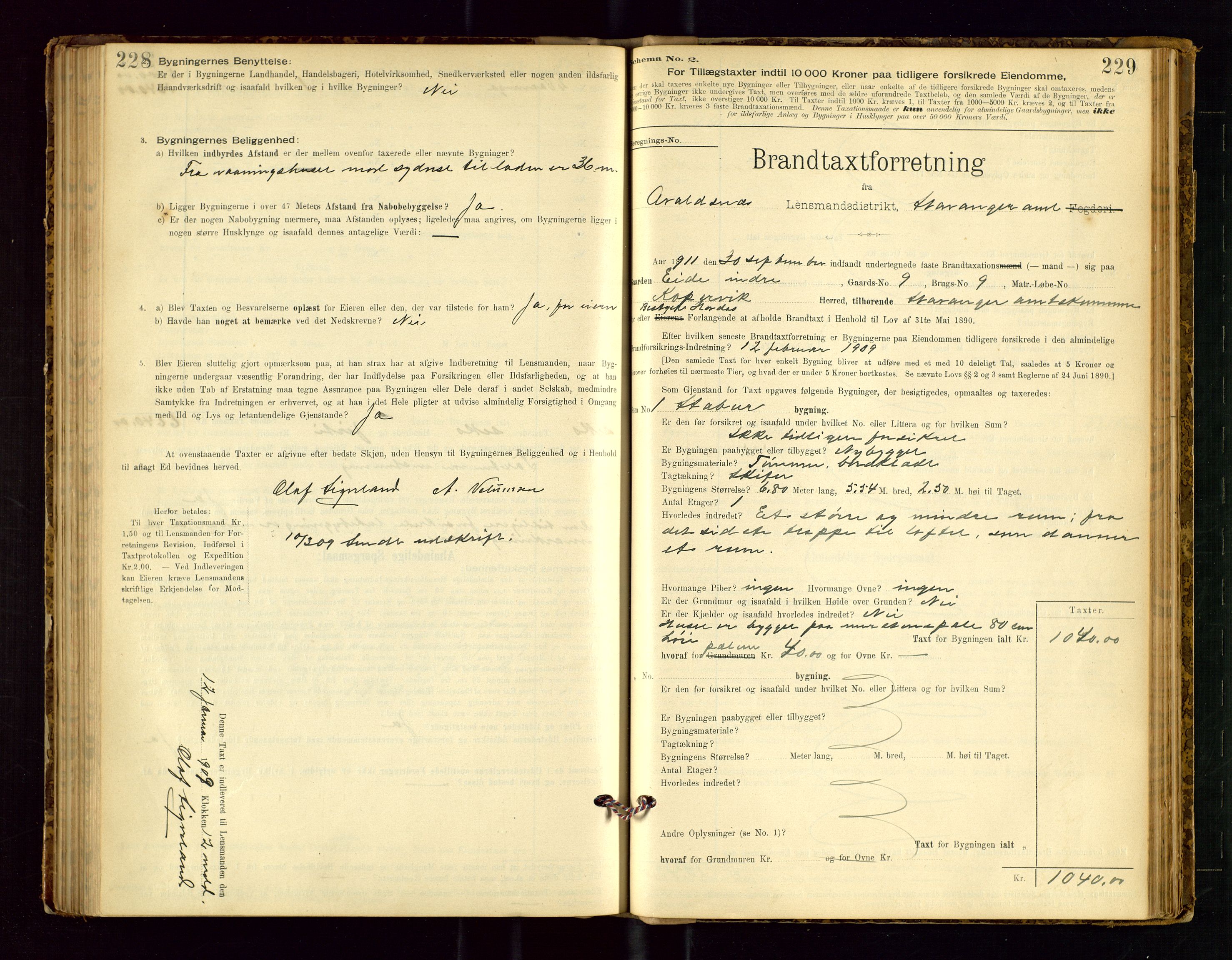 Avaldsnes lensmannskontor, SAST/A-100286/Gob/L0001: "Brandtaxationsprotokol for Avaldsnes Lensmandsdistrikt Ryfylke Fogderi", 1894-1925, p. 228-229