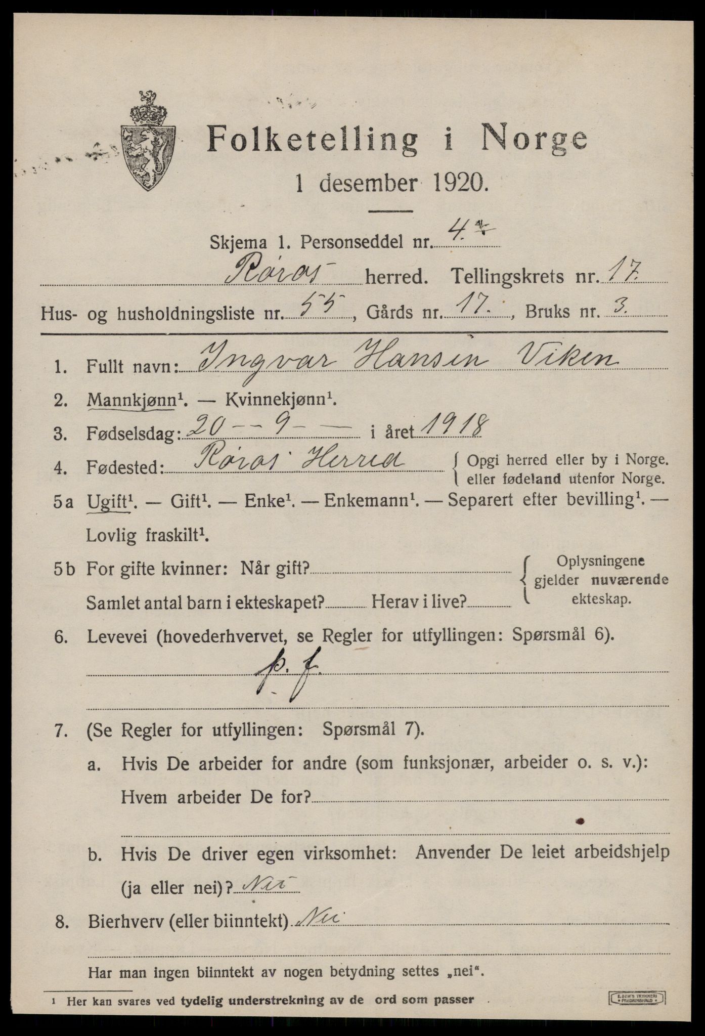 SAT, 1920 census for Røros, 1920, p. 12232