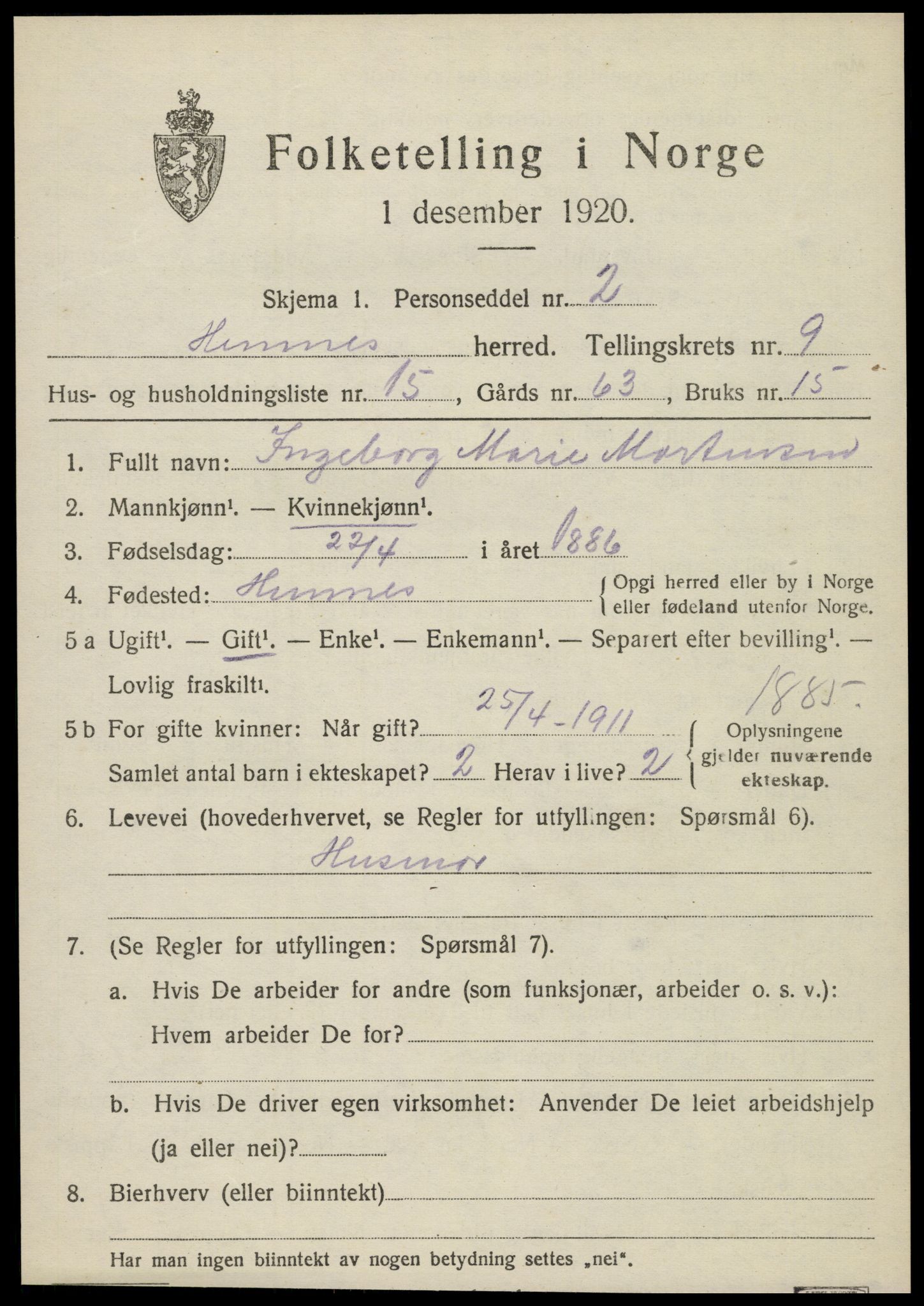 SAT, 1920 census for Hemnes, 1920, p. 8498