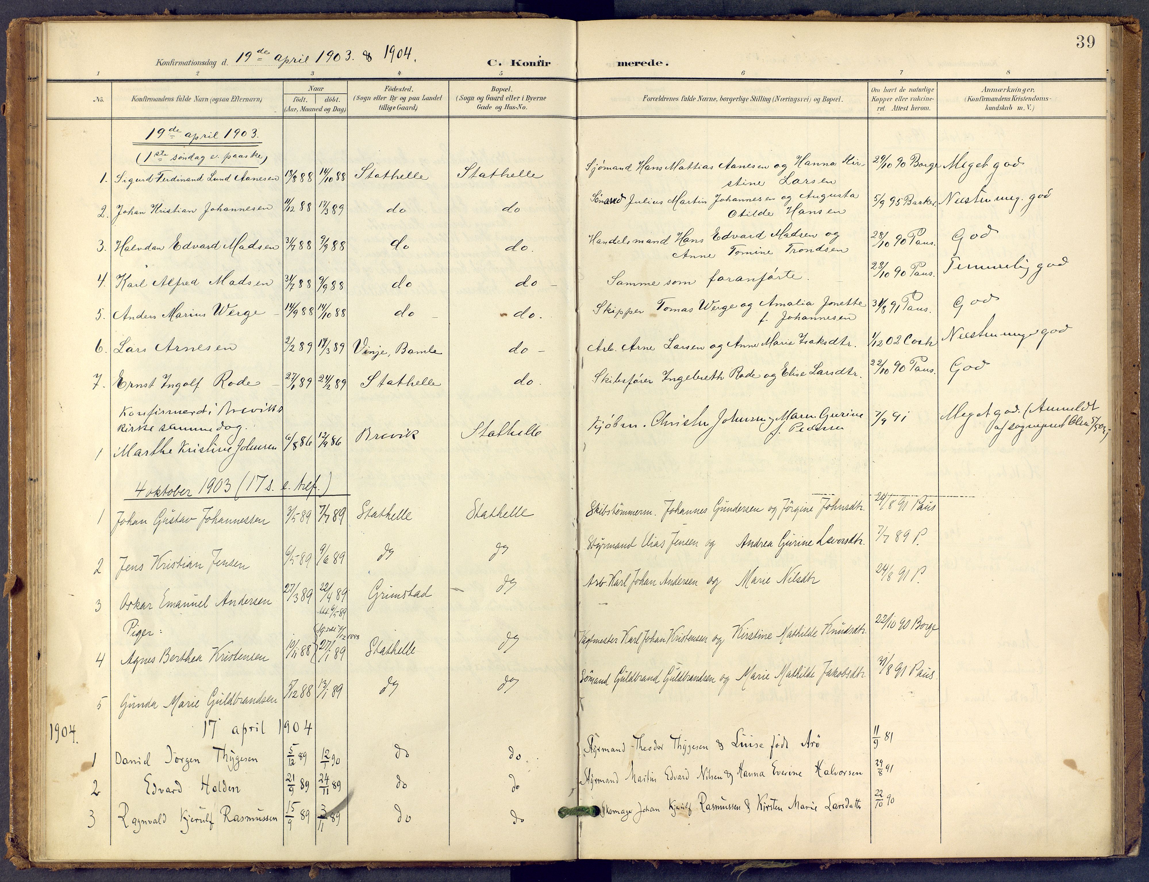 Bamble kirkebøker, SAKO/A-253/F/Fb/L0002: Parish register (official) no. II 2, 1900-1921, p. 39