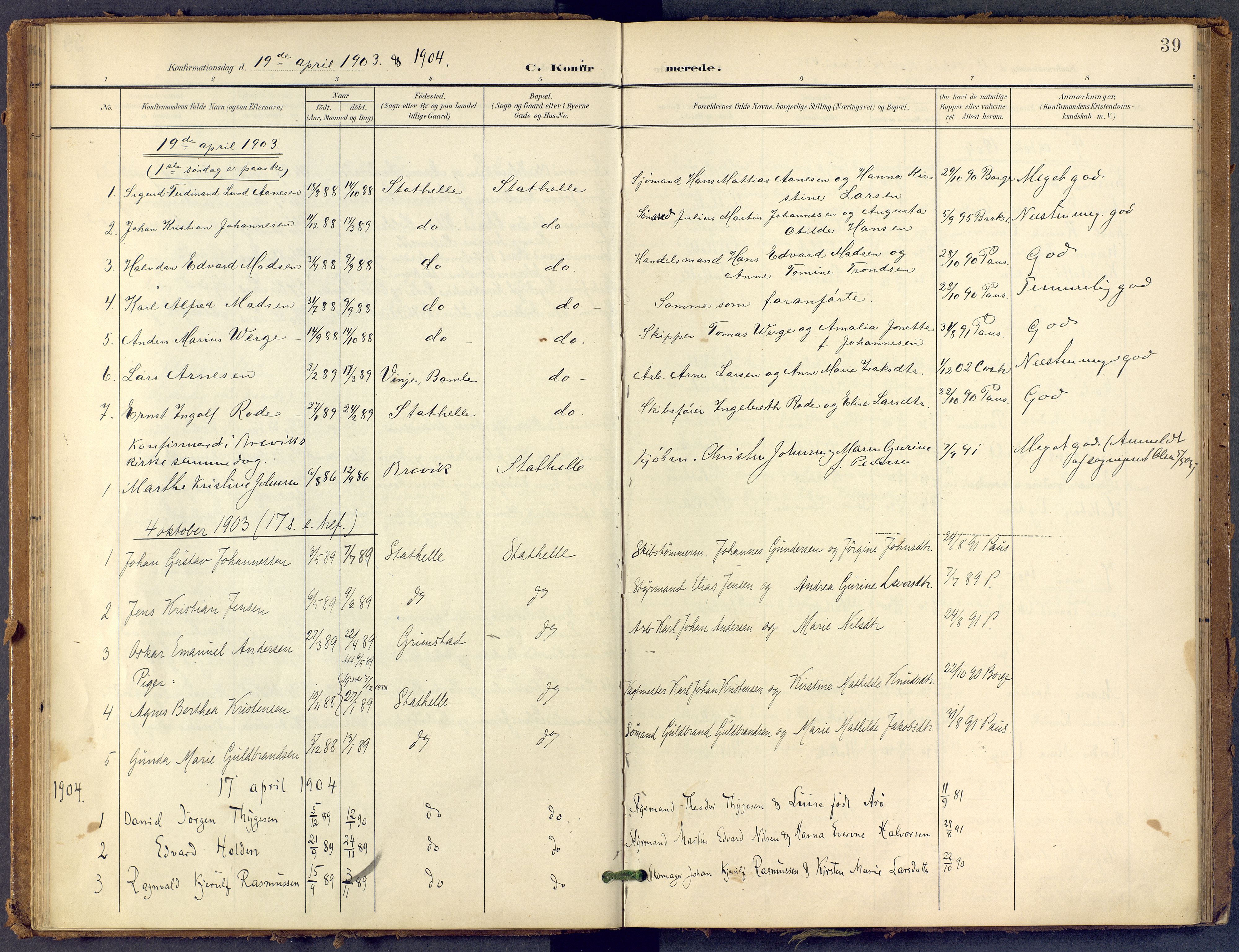 Bamble kirkebøker, AV/SAKO-A-253/F/Fb/L0002: Parish register (official) no. II 2, 1900-1921, p. 39
